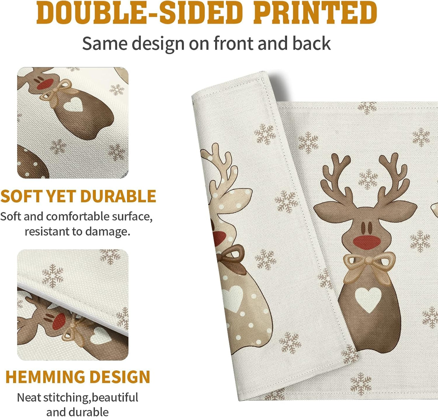 Christmas Reindeer Snowflakes Placemats Set of 4 Xmas Cute Elk Deer Place Mats 12x18 Seasonal Winter Holiday Farmhouse Linen Table Mats for Party Kitchen Dining Outdoor Indoor Decor