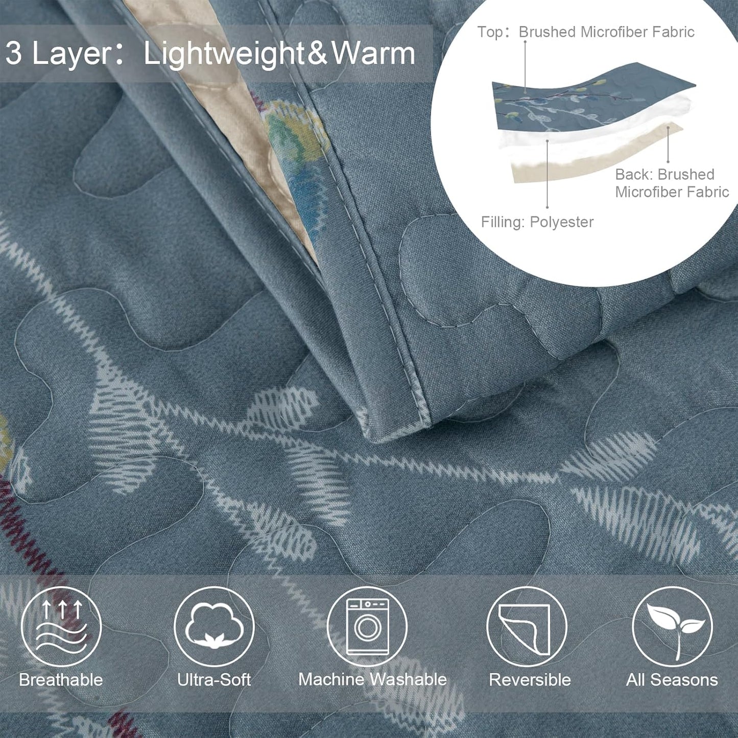 Exclusivo Mezcla Reversible Boho Quilt Set Queen Size, 3 Pieces Flowers Blue All Season Bedspreads, Ultra Soft Floral Coverlet Bedding Set with Printed Pattern (1 Quilt, 2 Pillow Shams)