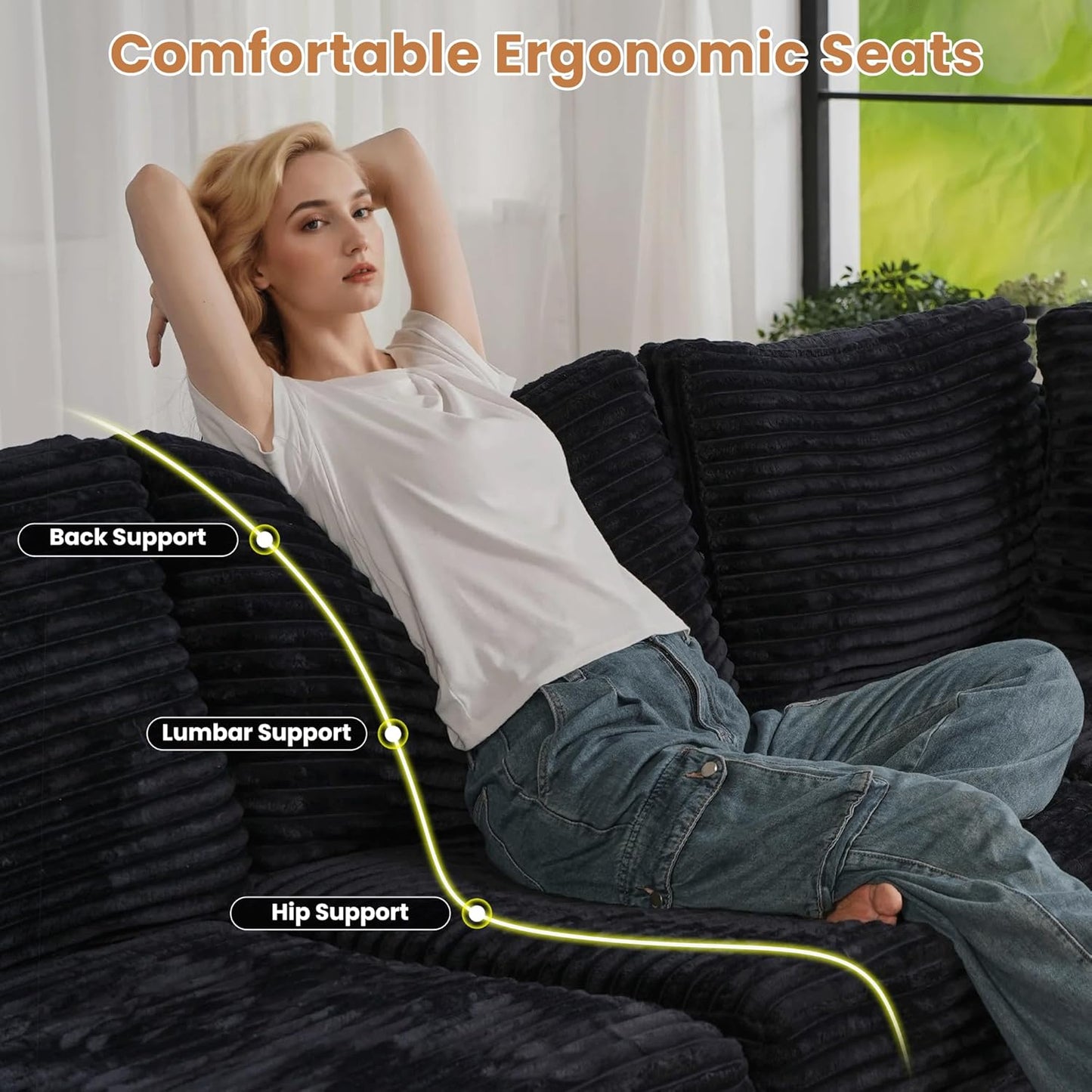 ovios Sectional Sofa Couch with U-Shape Chaise Oversized, Comfy Modular Cloud Couches with Deep Seat, Modern Upholstered Plush Corduroy Sofas Set for Living Room, 8-Seater, Black