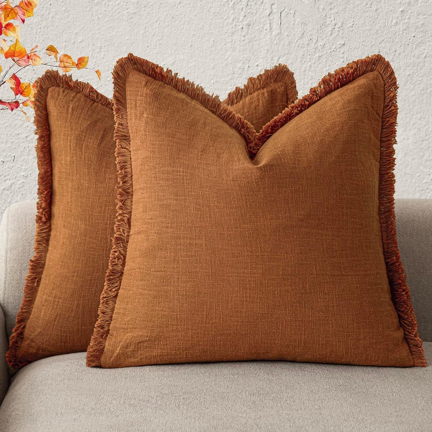 Foindtower Set of 2 Decorative Linen Fringe Throw Pillow Covers Cozy Boho Farmhouse Cushion Cover with Tassels Soft Accent Pillowcase for Couch Sofa Bed Living Room Home Decor, 24×24 Inch, Orange