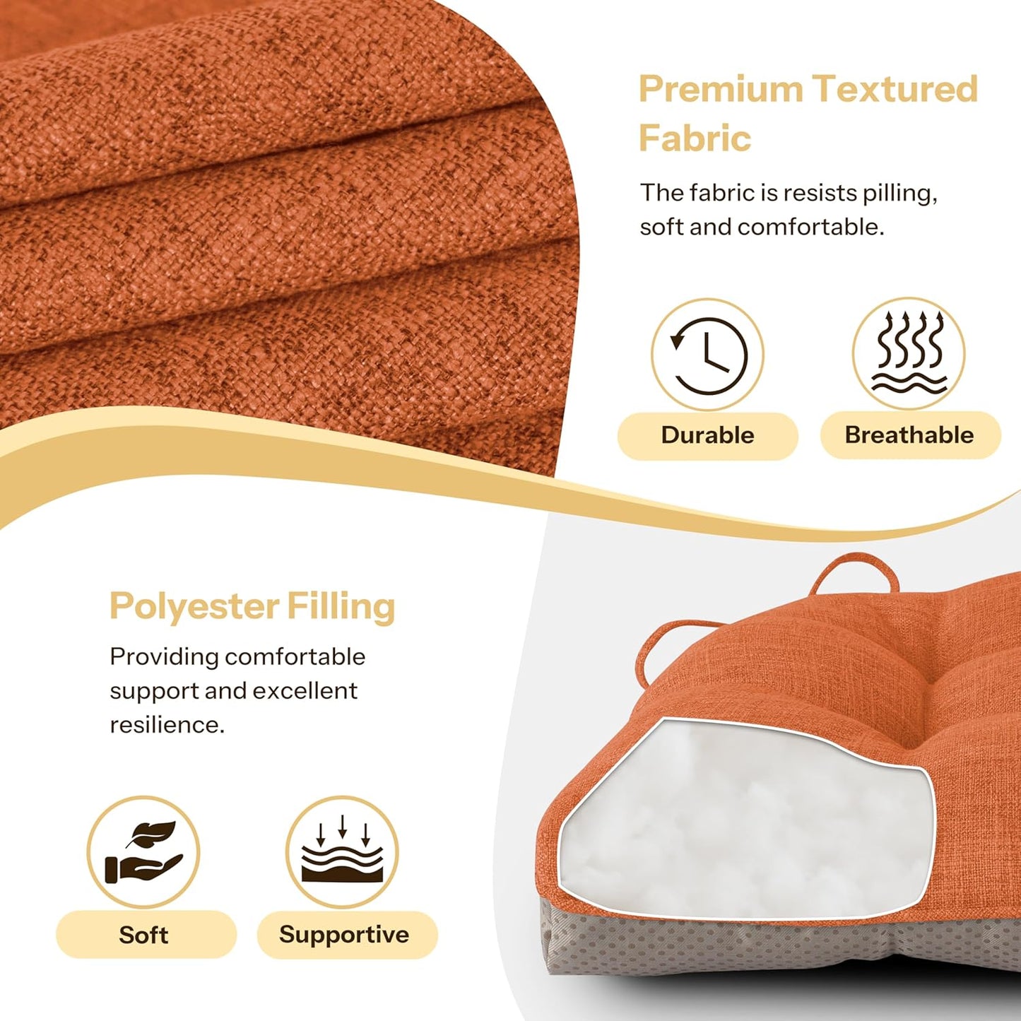 Non Slip Chair Cushions for Dining Chairs Set of 4 Kitchen Chair Cushions 18"x18"x3" Turfted Chair Pads Comfortable and Soft Seat Cushion with Ties, Orange