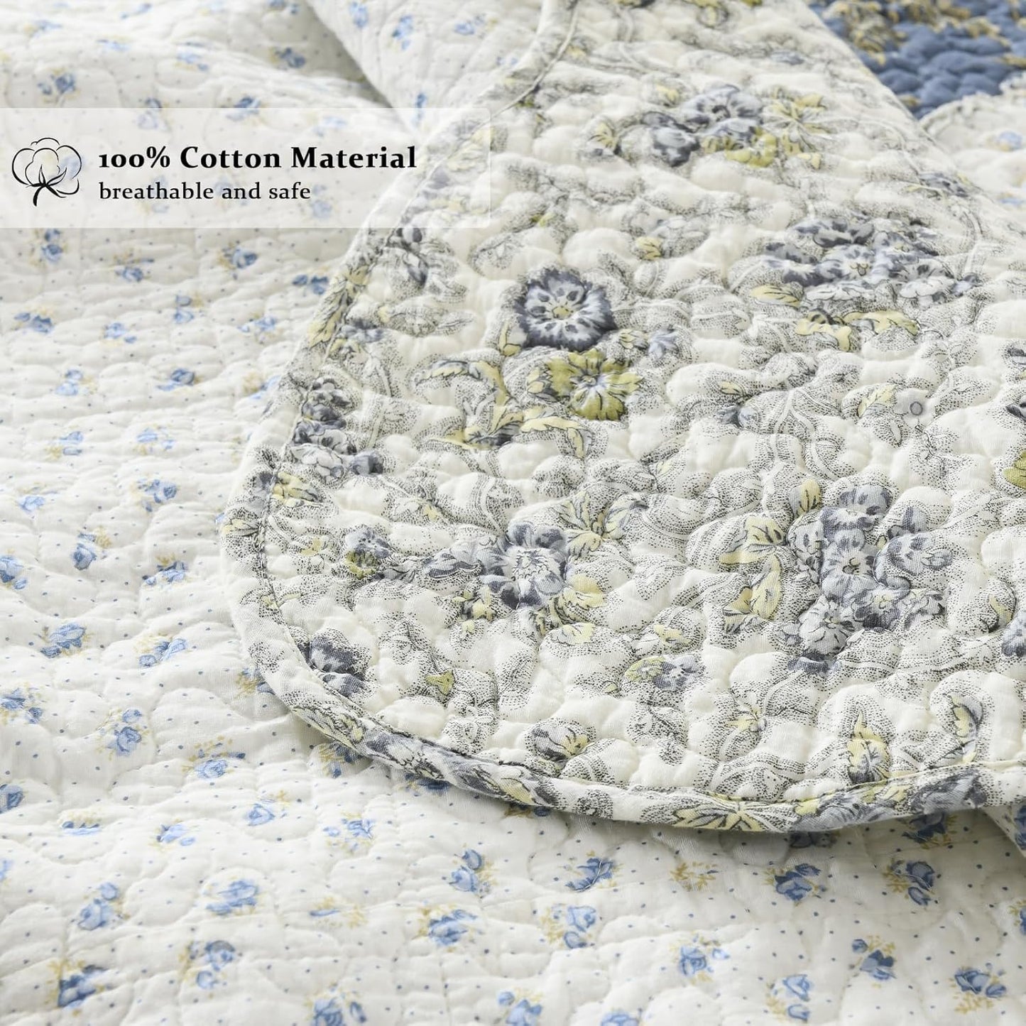 Yvooxny Quilt Set King Size Reversible Country Farmhouse Floral Real Patchwork Quilted Bedspread 3-Piece Quilt Set with Pillowcases with Ruffles for All Seasons, 96 x 108 Inches