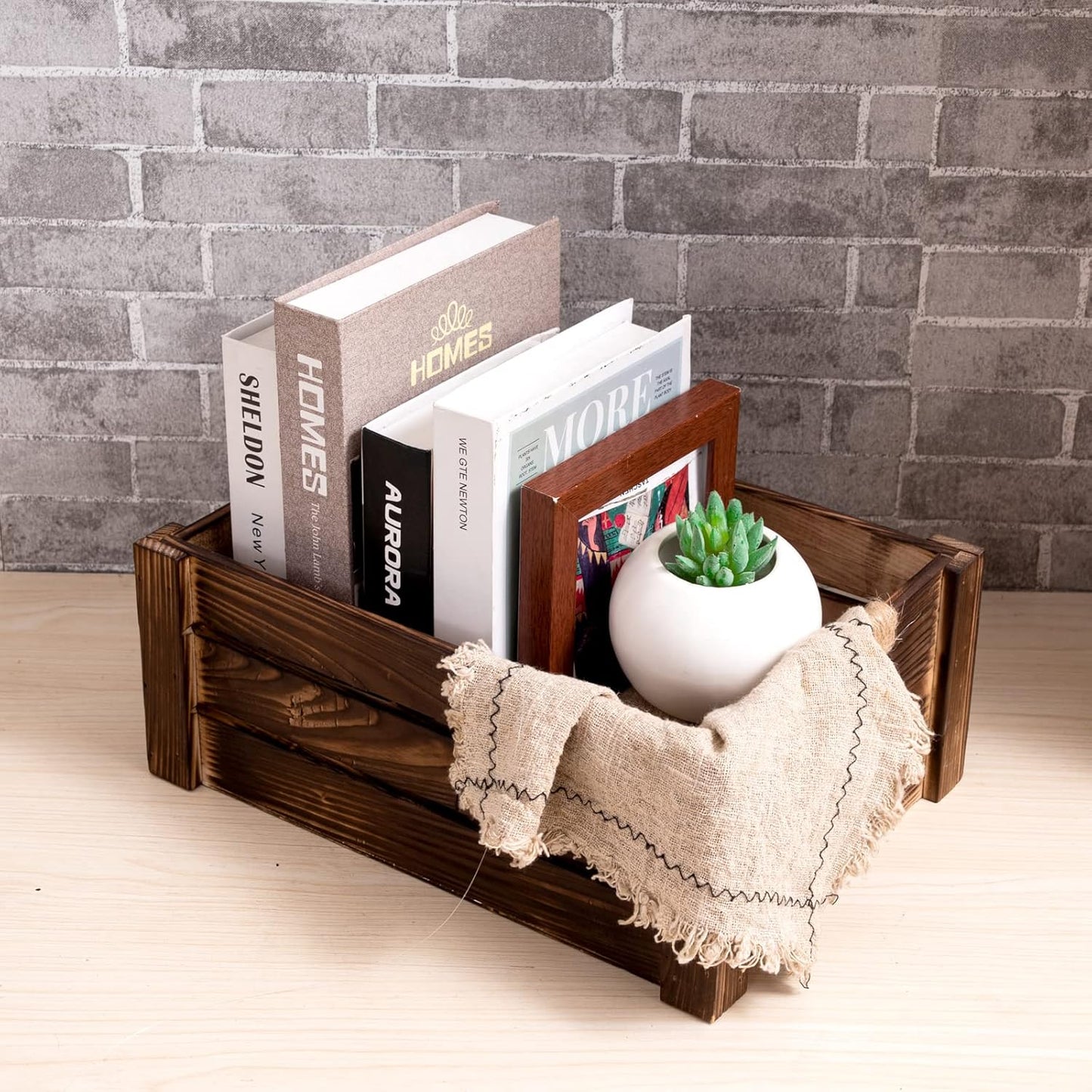 TIMRIS Set of 3 Rustic Wood Nesting Crates, Farmhouse Wooden Storage Container Boxes with Cutout Handles, Decorative Wooden Baskets for Display (Rustic Brown)