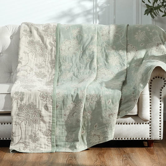 jinchan Boho 100% Cotton Muslin Queen Size 80x90 Inches Blanket Lightweight 4-Layer Quilted Soft Green and Beige Floral Throw Blanket Reversible Comfy Flower Rustic All Seasons Couch Bedroom Decor