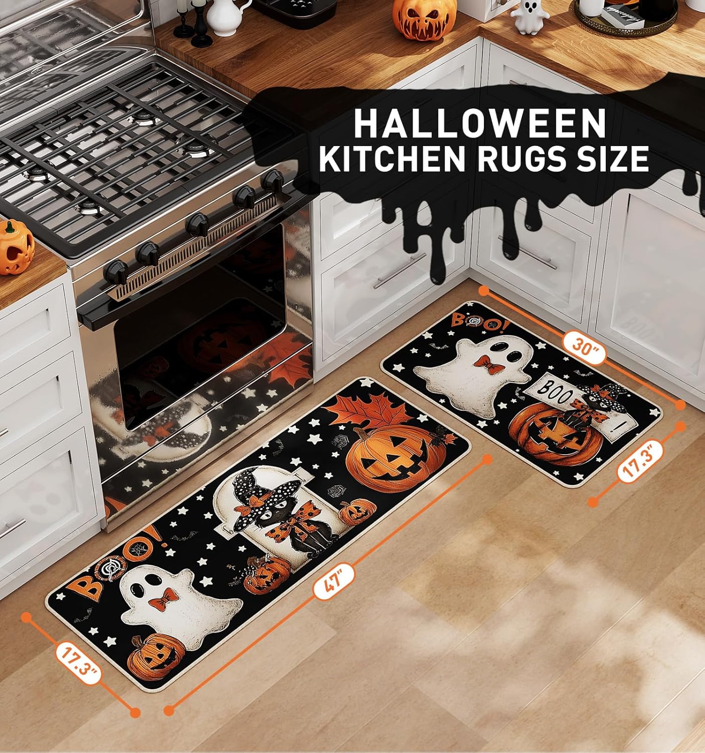 Halloween Kitchen Mat Set of 2, Pumpkin Ghosts Boo Cat Halloween Decor, Halloween Rug for Floor, Indoor Home Decor with Non-Slip Backing,17 x 29 Inch & 17 x 47 Inch