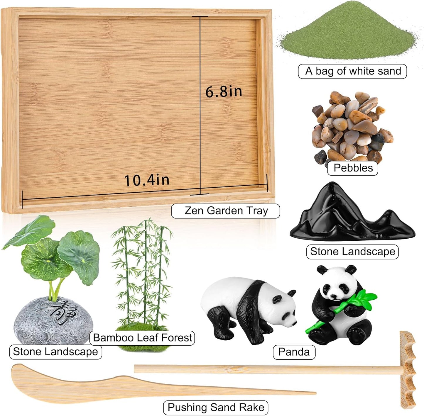 Zen Garden Kit for Desk 11''x7.5'' Room Decor with Green Sand, Panda Decorative Ornaments, Haystack, Ceramic Mountain, Stones and Rakes (Panda Bamboo)