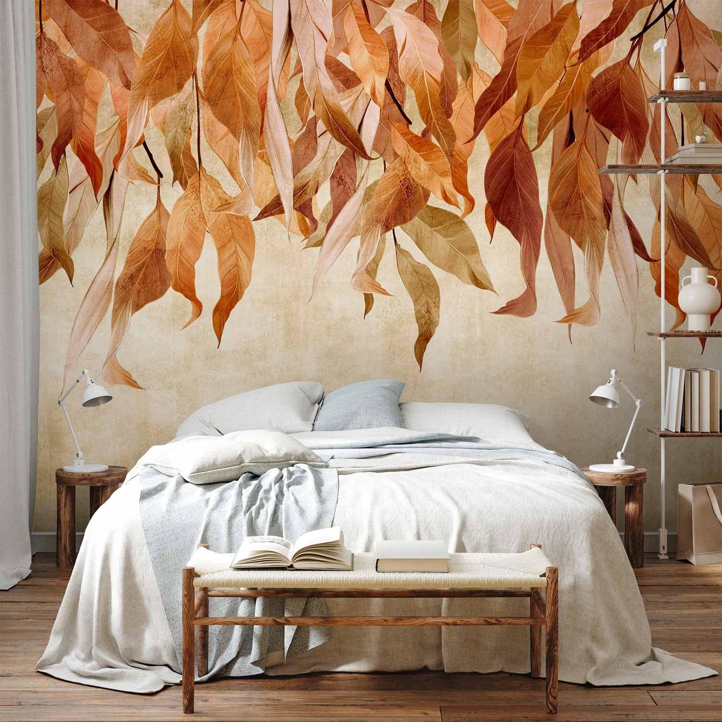 artgeist Wall Mural Hanging Leaves 193x138 in - Peel and Stick Self-Adhesive Wallpaper Removable Large Sticker Foil Wall Decor Print Picture Design Nature Botanical Concrete Orange b-C-10146-a-c