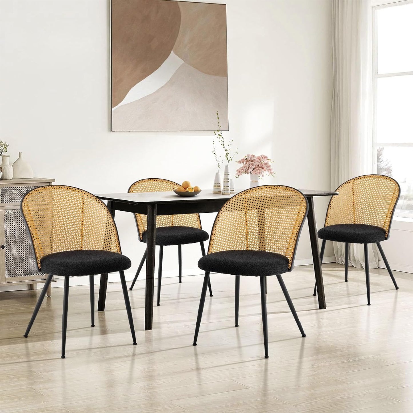 Dining Chairs Set of 4, Mid Century Modern Dining Room Chairs with Full Rattan Back, Boucle Fabric Upholstered Kitchen Dining Chairs Farmhouse Armless Mesh Cane Back Side Chairs with Metal Legs, Black