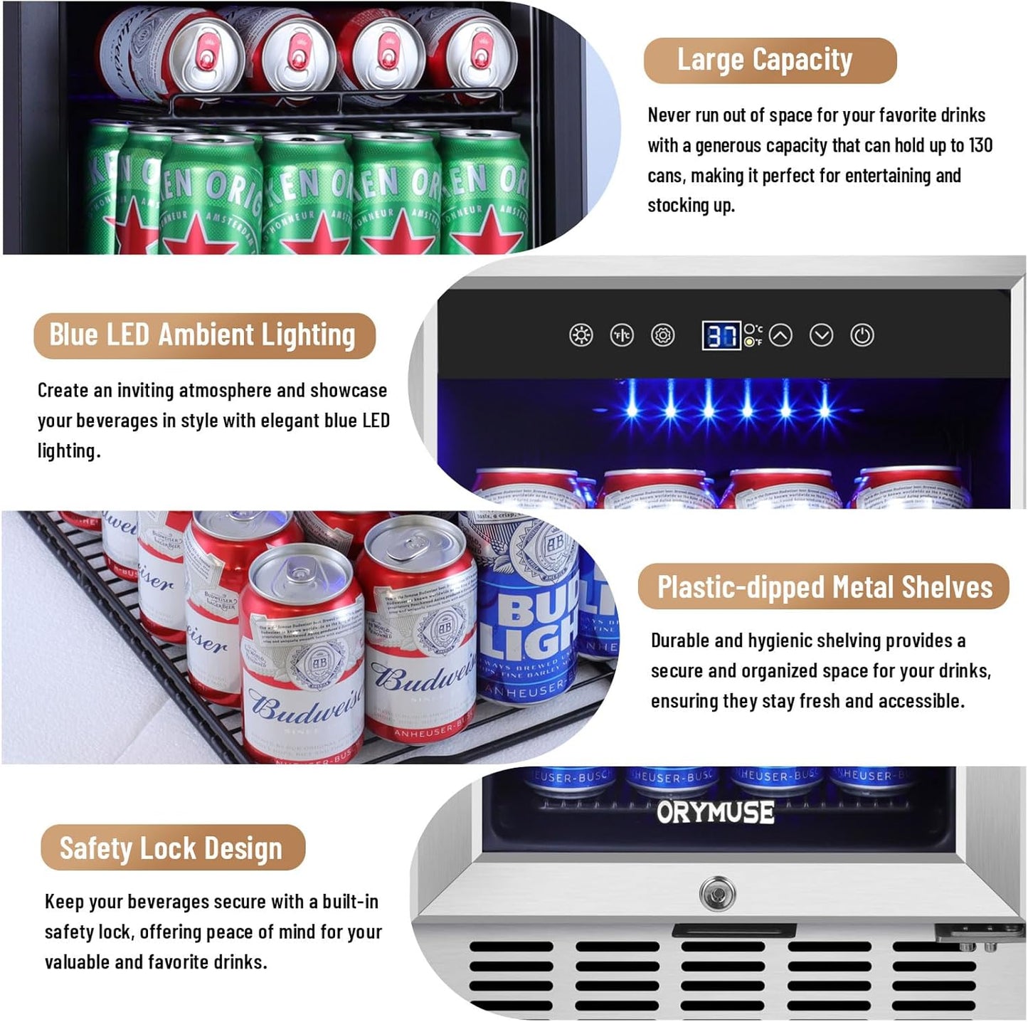 15 Inch Beverage Refrigerator, 130 Can Capacity Under Counter Fridge with Lock & Glass Door, Quiet Built-in or Freestanding Beer Cooler, Powerful Compressor for Fast Cooling