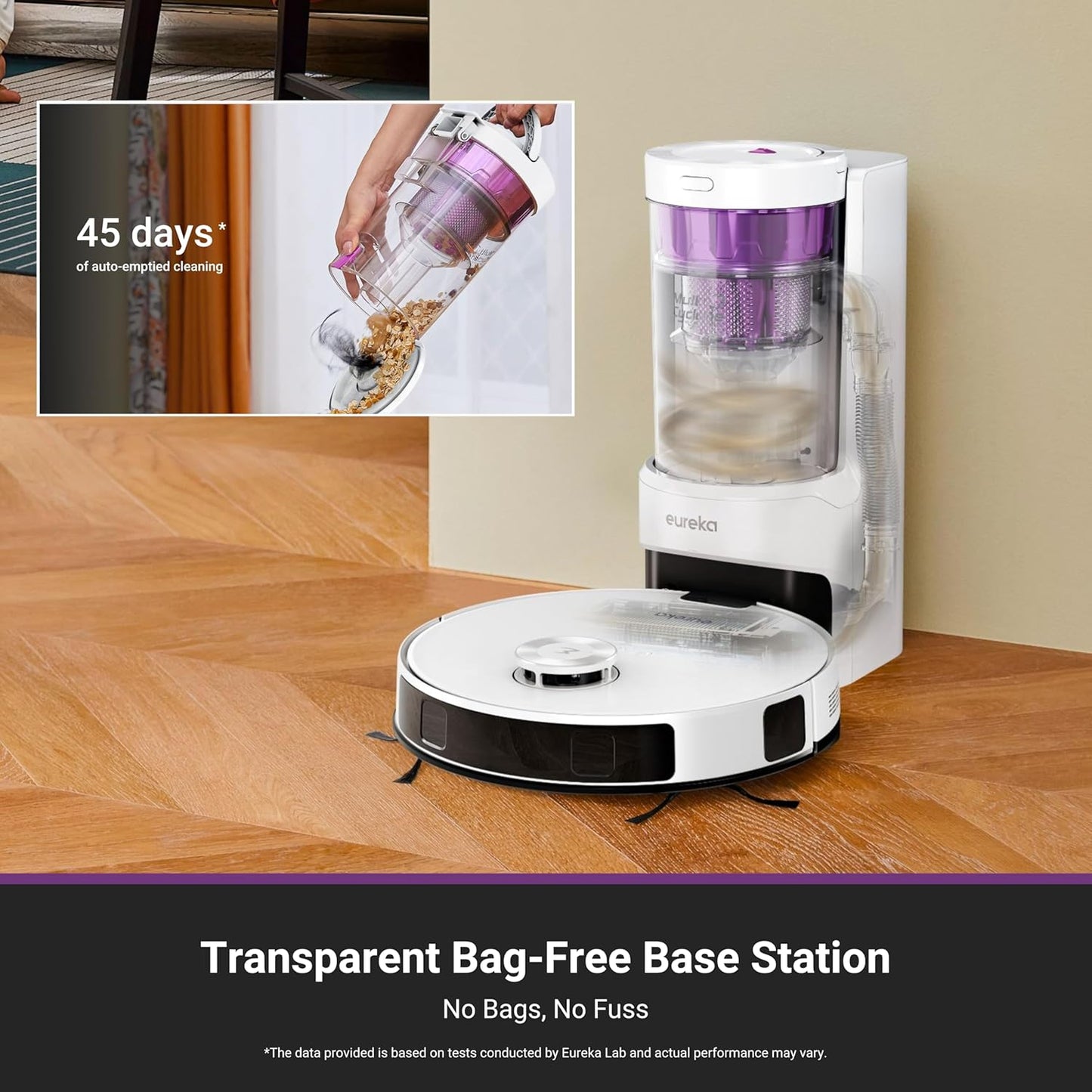 Eureka E20 Plus Robot Vacuum with Bagless Self Emptying Station, Robotic Vacuum and Mop Combo, 45-Day Capacity, Upgraded 8000Pa Suction and Anti Hair-Tangling Brush, LiDAR Navigation, App Control