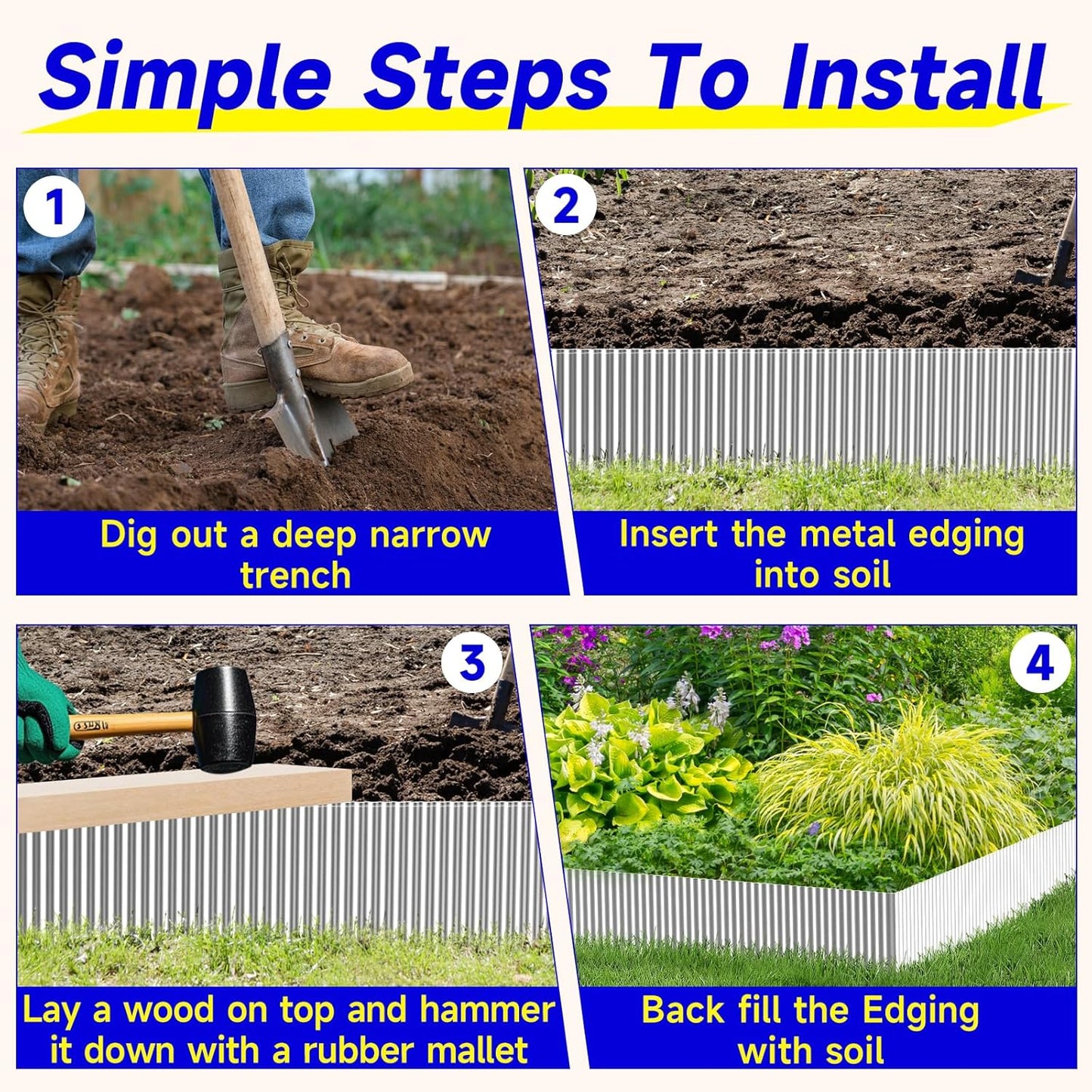 Corrugated Garden Edging,8"×10Ft Galvanized Steel Landscape Edging & Lawn Edging Border, Metal Garden Border for Flower Beds, Garden，Lawn，Raised Beds & Tree Surrounds (Silver)