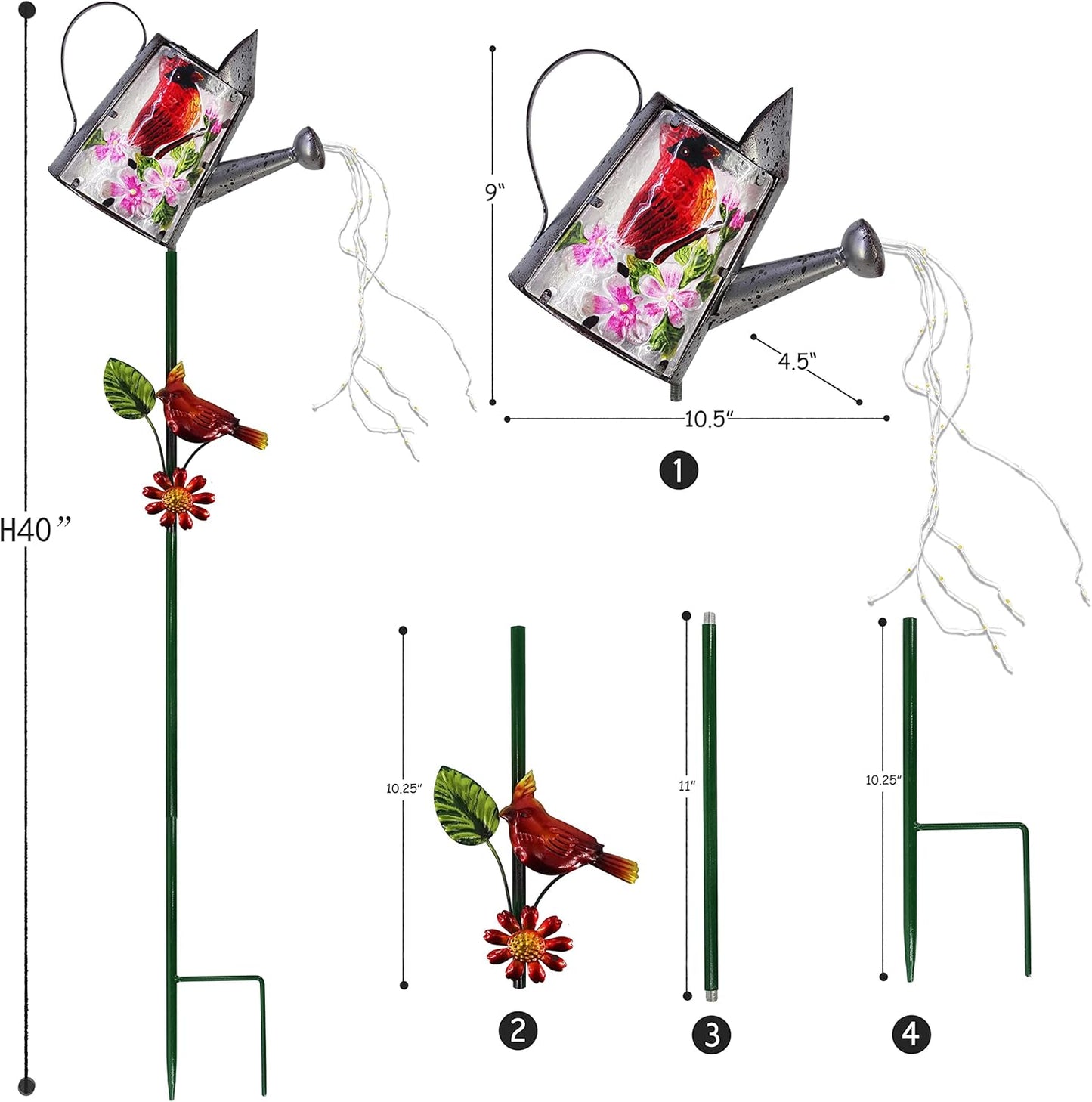 Garden Solar Lights Outdoor, Metal Watering Can Garden Stake Lights Cardinal Bird Decor Glass Art for Walkway, Pathway, Yard, Lawn