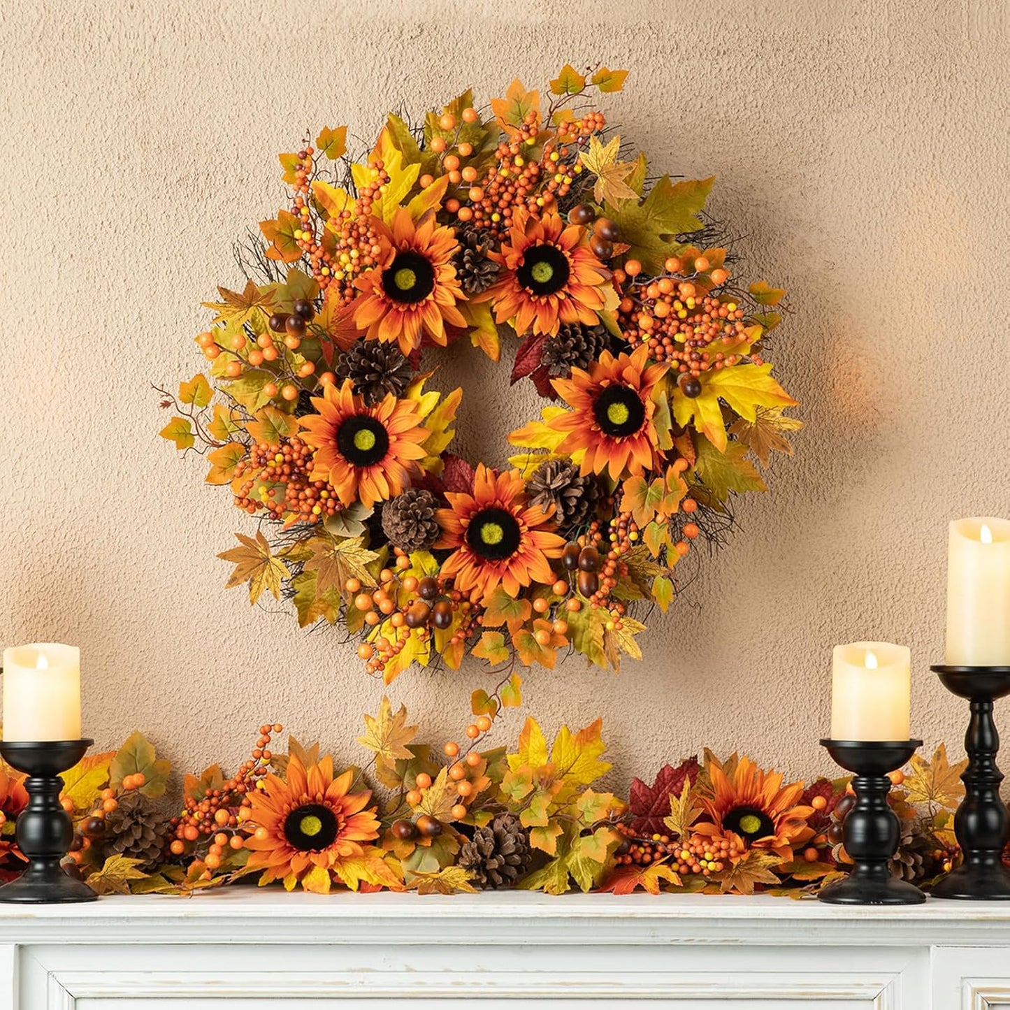 Glitzhome 24'' Fall Wreath for Front Door Decor, Artificial Autumn Orange Wreath with Sunflower, Maple Leaf and Berry Ornament for Wall Fireplace Farmhouse Thanksgiving Day Harvest Festival Decor