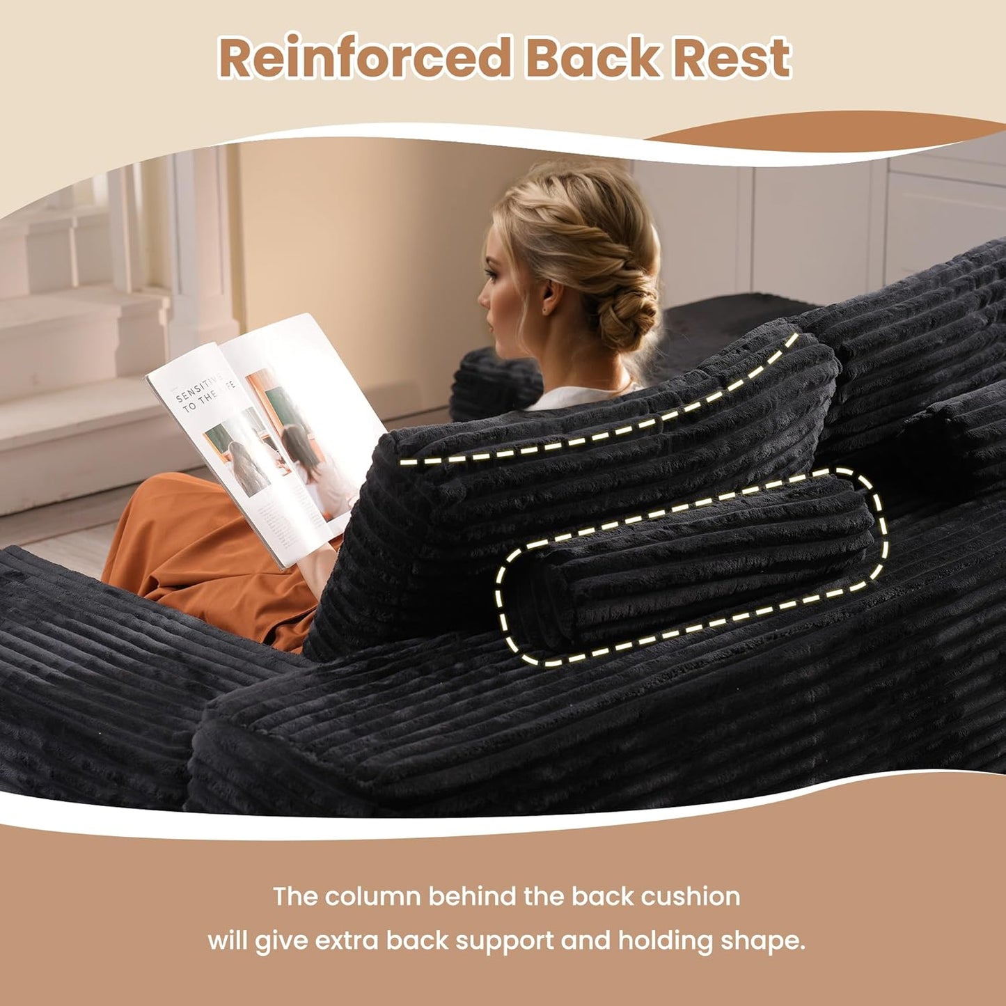 HOOOWOOO Cloud Sectional Couches for Living Room,Modular Sectional Sofa No Assembly,136X110 Inch Plush Corduroy Large U Shaped Floor Couch Set with Deep Seat(Black)