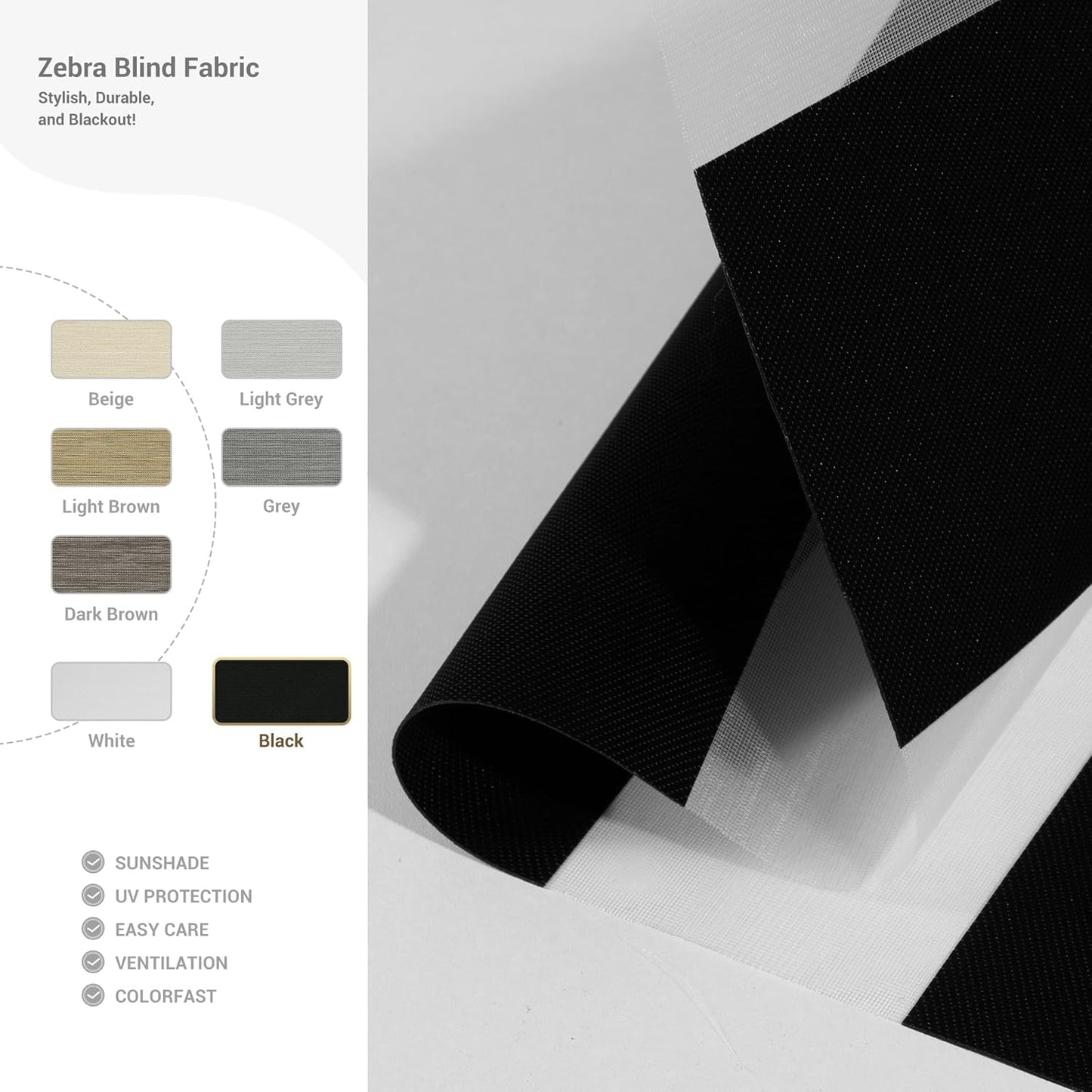 Cordless Zebra Blinds for Windows, Blackout Interior Blinds,Easy to Install,UV Protection,for Offices and Home,Custom Roller Shades, Solid Black, 77" W x 64" H