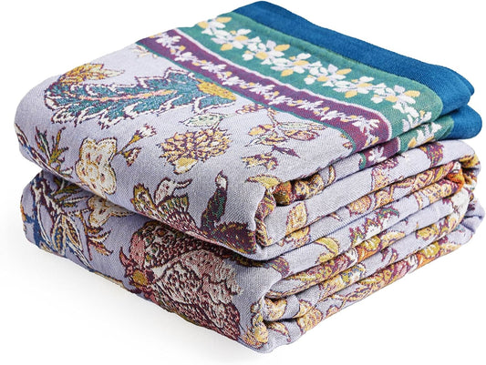 Boho Throw Blanket 80" x 90", 100% Organic Cotton Breathable Ultra Soft Bed Purple Quilt Throw - All Season Luxury Floral Farmhouse Decor Blanket for Sofa Couch Chair and Gift.