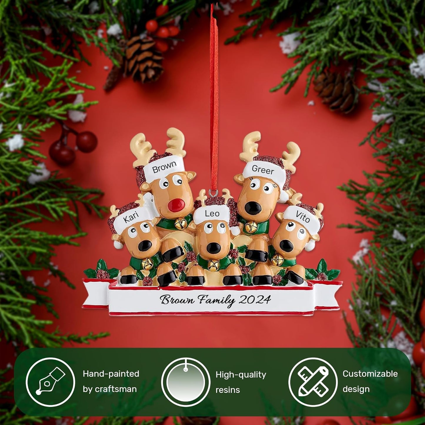 Personalized Christmas Ornaments 2025, Custom Reindeer Family Ornaments for Trees with Names, Handcrafted Christmas Deer Decorations for 2-8 Members, Meaningful Xmas Family of 5