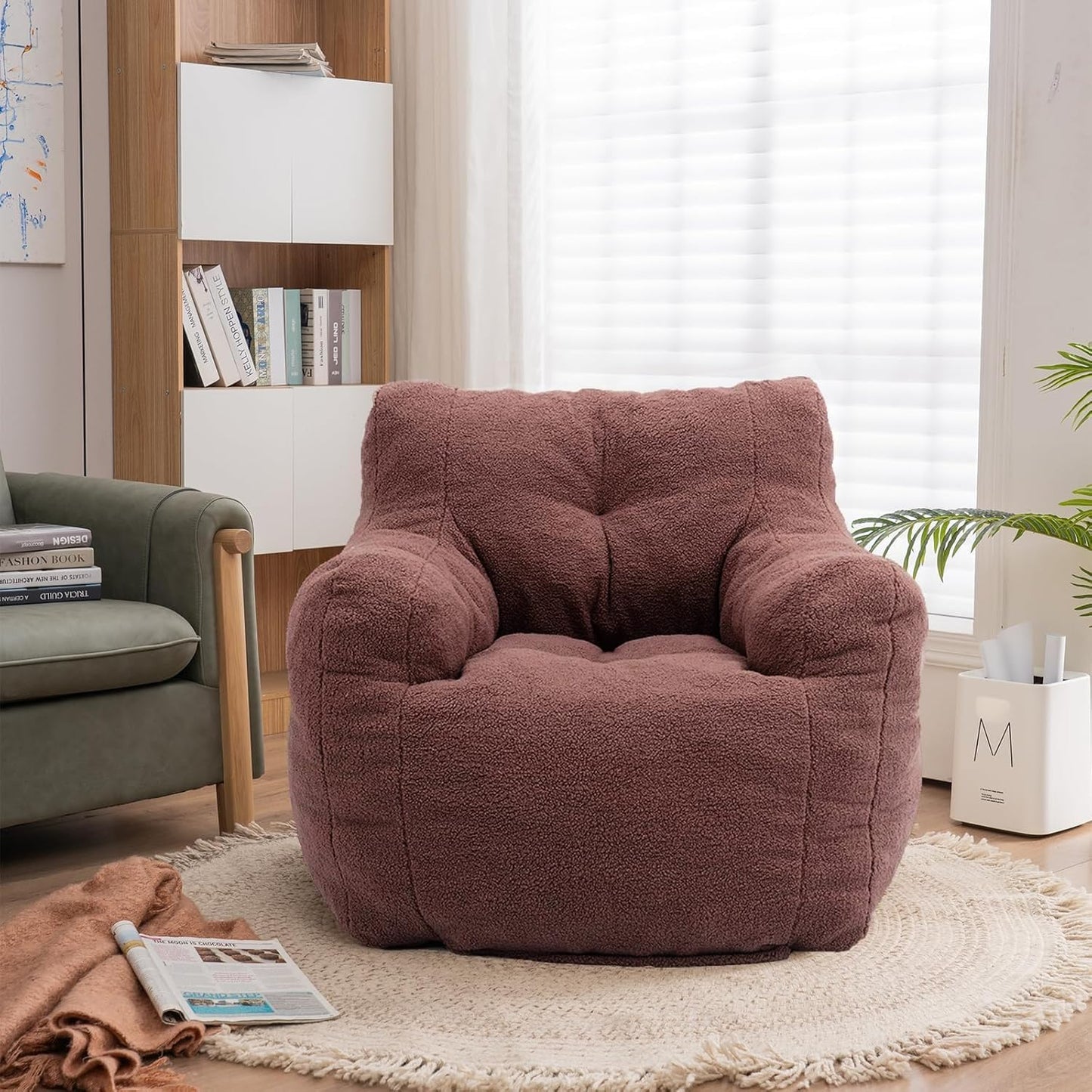 Recaceik Large Bean Bag Chairs, Tufted Soft Stuffed Bean Bag Chair with Filler, Fluffy Lazy Sofa, Imperial Lounger Giant Bean Bag Chair for Bedroom, Living Room, Rufous