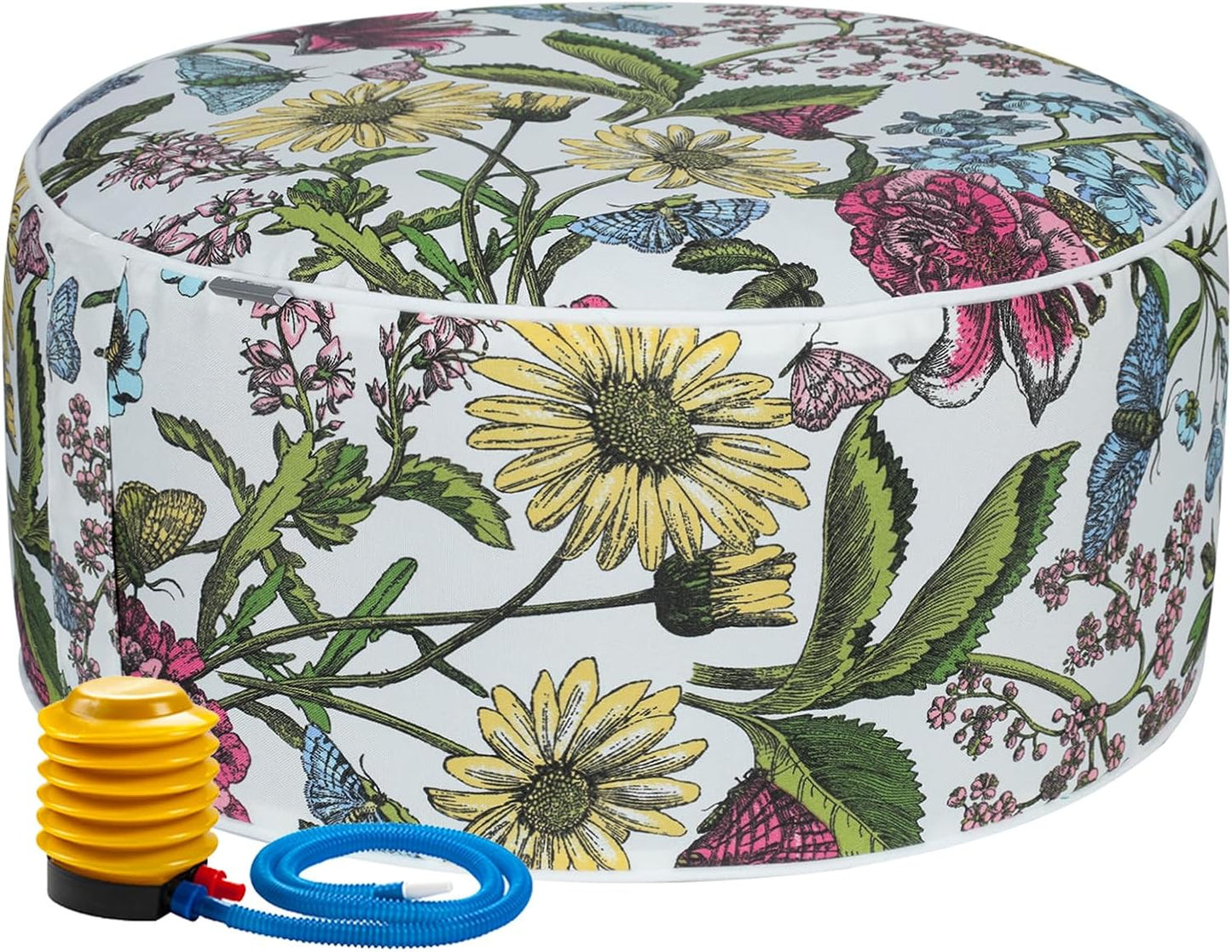 FUNHOME Inflatable Outdoor Ottoman with Air Pump,20"x9" Portable Patio Pouf,Water Resistant,Fade-Resistant,Round Blow Up Footrest Stools for Home Garden Camping Travel(Butterfly Flower)