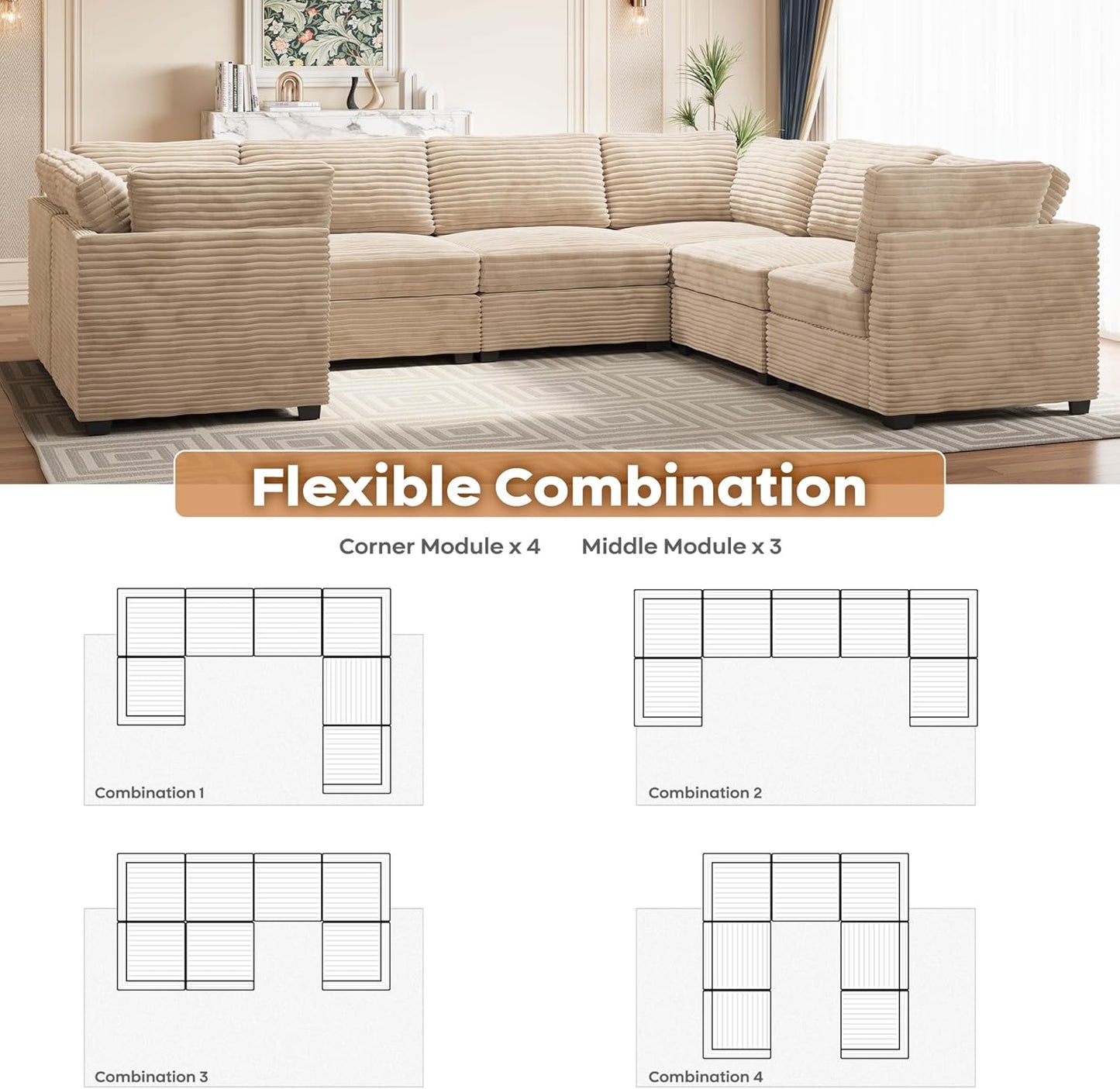 ovios Sectional Sofa Couch with U-Shape Chaise Oversized, Comfy Modular Cloud Couches with Deep Seat, Modern Upholstered Plush Corduroy Sofas Set for Living Room, 7-Seater, Beige