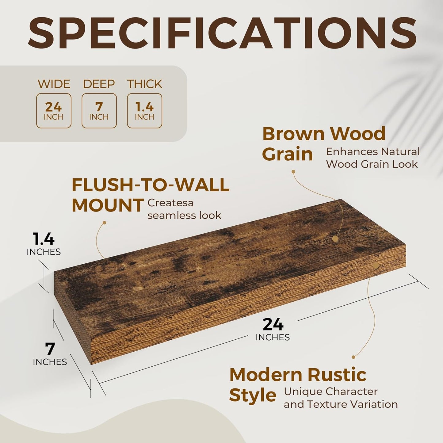 24 inch Floating Shelves Long Floating Shelves for Wall Large Wall Mounted Shelves with Invisible Brackets, Brown Shelves for Bathroom, Living Room, Kitchen, Office, 24x6.7 inch deep Set of 2