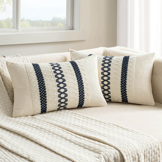 MIULEE Set of 2 Navy Blue Boho Decorative Lumbar Pillow Covers 12x20 Inch Farmhouse Rustic Couch Throw Pillows Modern Cotton Cushion Covers Retro Cute Macrame Woven Home Decor for Bed Sofa Chair