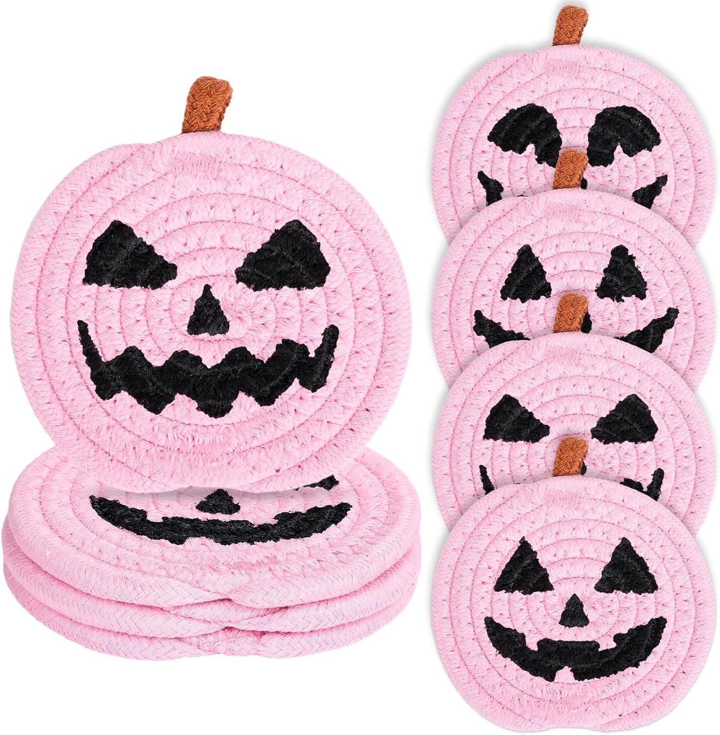 Whaline Halloween Pumpkin Cotton Coasters Pink Pumpkin Face Handmade Braided Drink Coasters Absorbent Cup Mats for Trick or Treat Party Home Table Decor, Set of 4