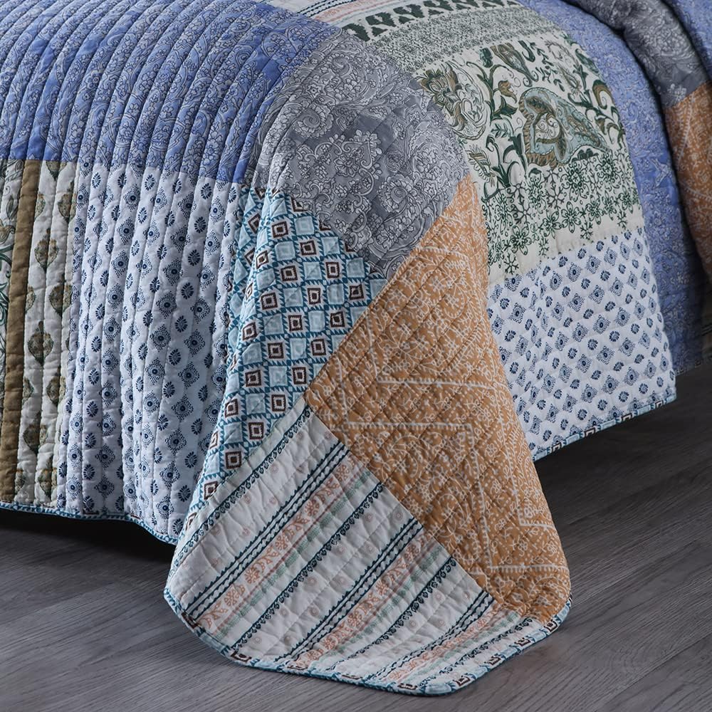 Autumn Dream Cotton Bedspread Quilt Sets Reversible Bedding Coverlet Sets Comforter, Vintage Floral Patchwork Red Blue Bedspread, King Size (Blue Bohemian Patchwork, Queen (90 by98 Inch))