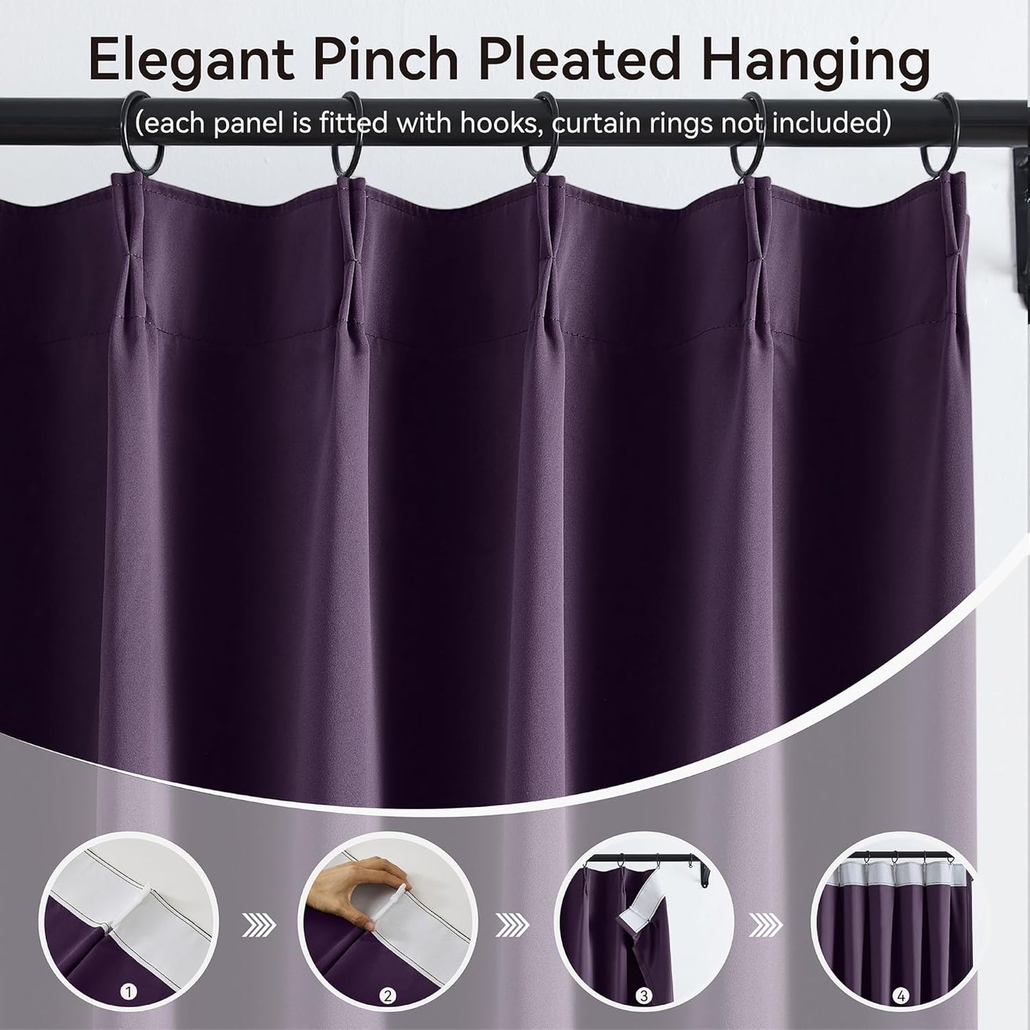 KangBang Royal Purple Pleated Curtains 2 Panels Set, 90 Inch Blackout Curtains for Bedroom Living Room, Sound Dampening Polyester Soft Aesthetic Window Treatments with Hooks, 40x90 Inch
