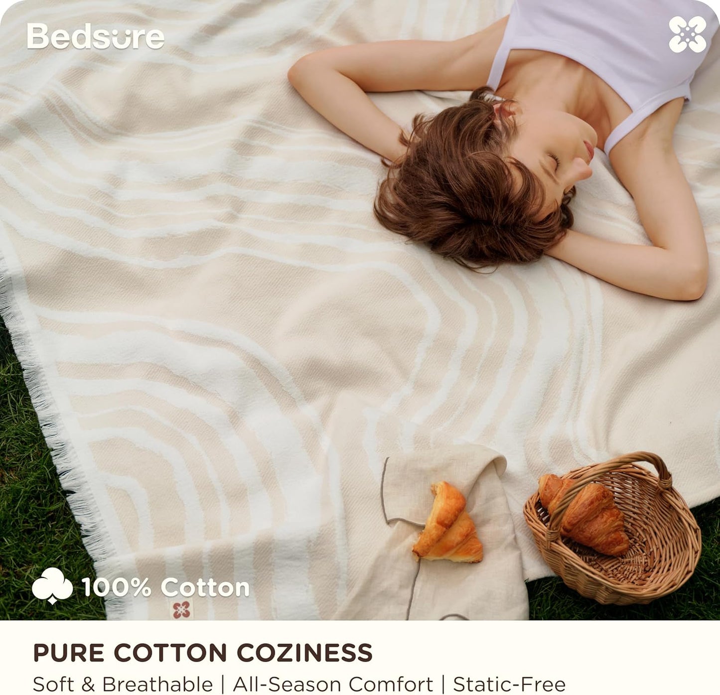 Bedsure 100% Cotton Throw Blanket for Couch - Chenille Woven Textured Blanket Gifts for Women, Cozy and Soft for All Seasons, Home Decor Boho Throw for Bed, Sofa, Oat Milk, 50x60 Inches