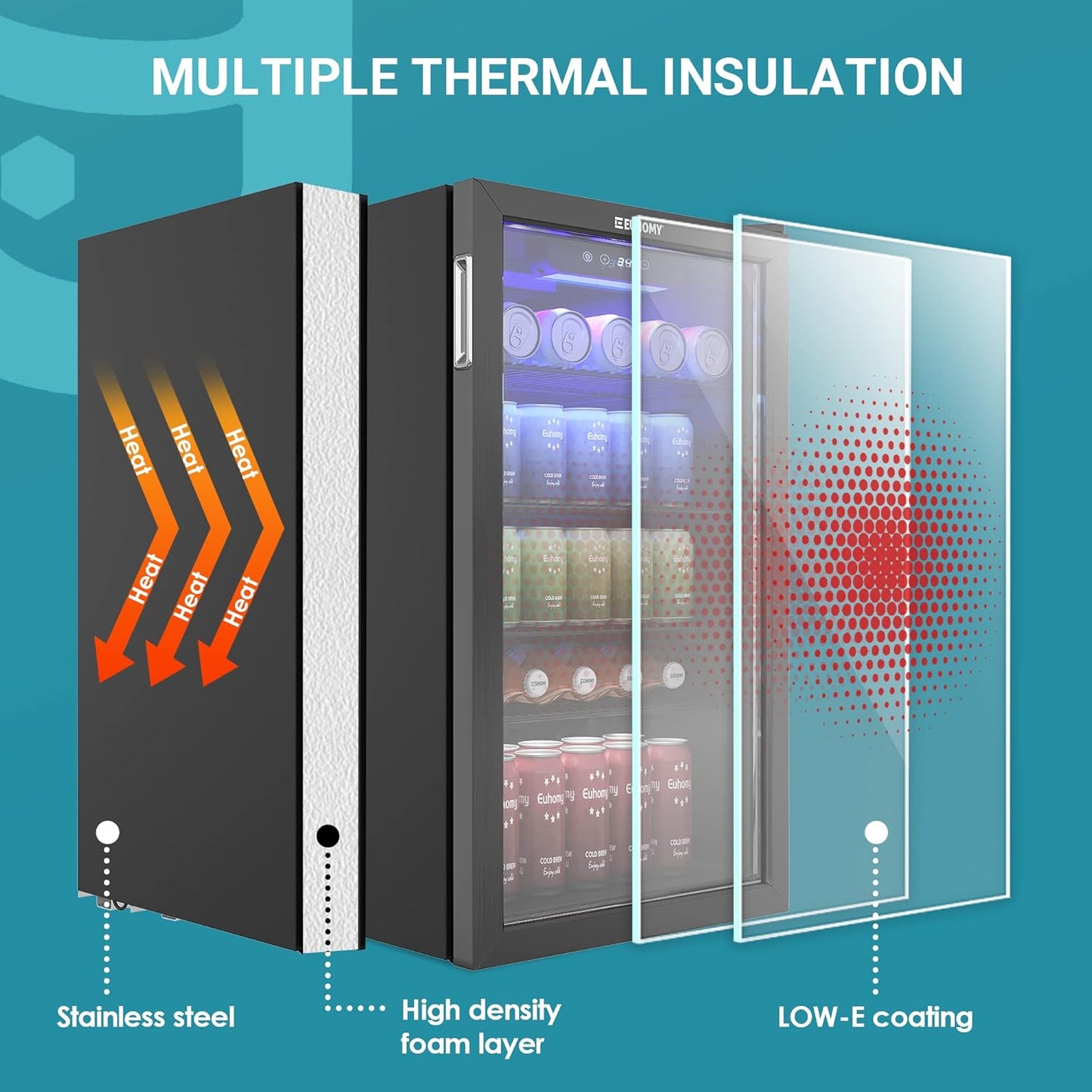 EUHOMY Beverage Refrigerator Cooler, 130 Can Mini Fridge with Glass Door for Soda Beer or Wine, Beverage Cooler for Home, Office, Bar with Adjustable Removable Shelves, Black