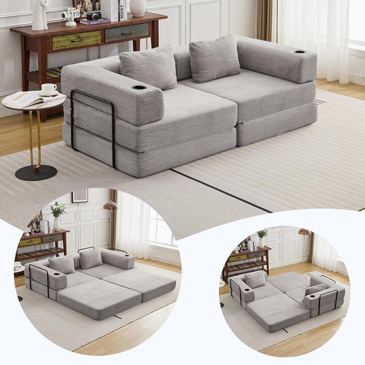 78" W Loveseat Sofa, 4 in 1 Convertible Floor Sofa Bed, Boneless Cloud Couch with Cup Holder, Fold Out Floor Couch, Loveseat Recliner Sleeper for Living Room Bedroom Lounge(Corduroy, White)