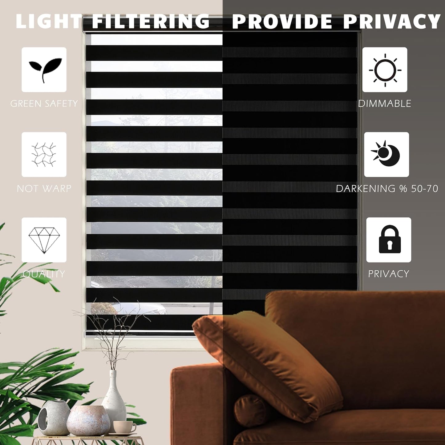 Blackout Zebra Blinds, Dual Layer Free-Stop, Room Darkening Zebra Shades, Blinds for Indoor Windows, Light Filtering Privacy Sheer Shade for Home(75" W X 72" H, Black)