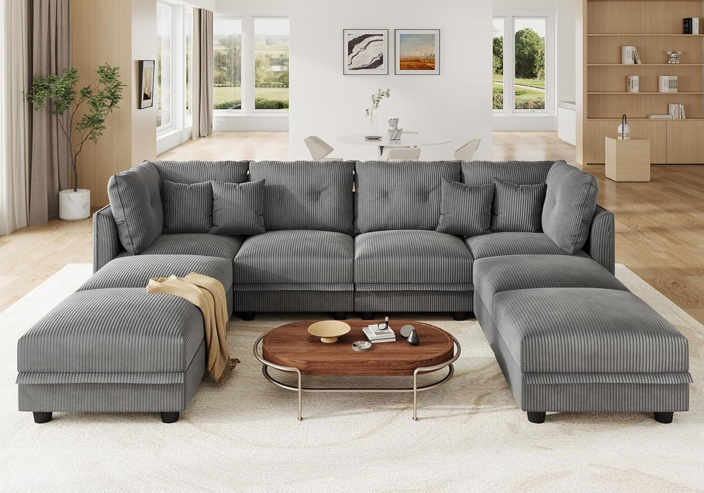 LLappuil Modular Sectional Sofa with Storage Seats, Corduroy Convertible Modular U Shaped Sectional Couch for Living Room, 8 Seat Oversized Sofa with 6 Back Cushion 6 Throw Pillow, Grey