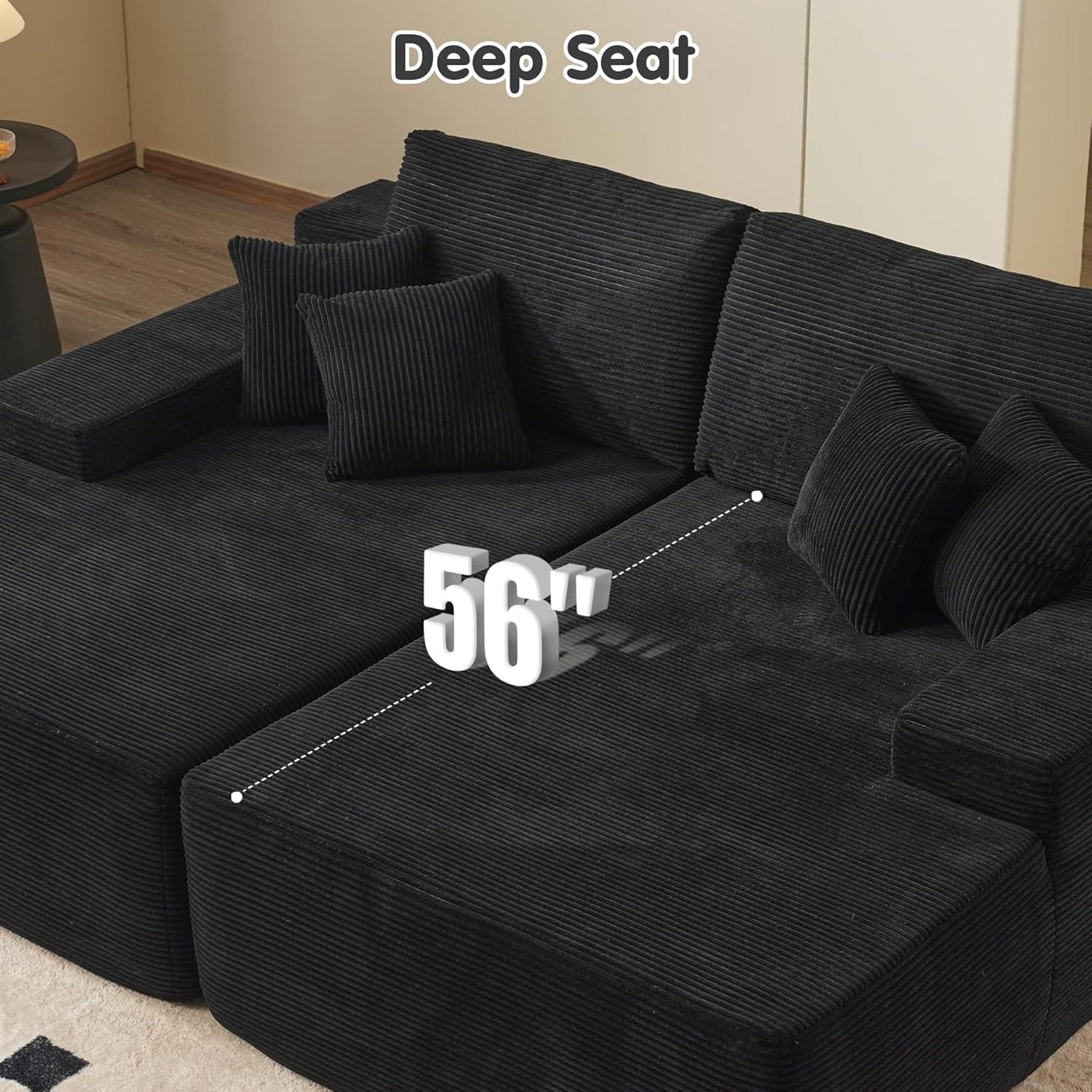 ovios 81" Oversized Sectional Double Lounge Chaise with Cloud Plush Sofa Bed, No Assembly Required, Fluffy Modern Sleeper Loveseat Chair for Indoor Living Room Bedroom Reading, Black (Corduroy Fabric)