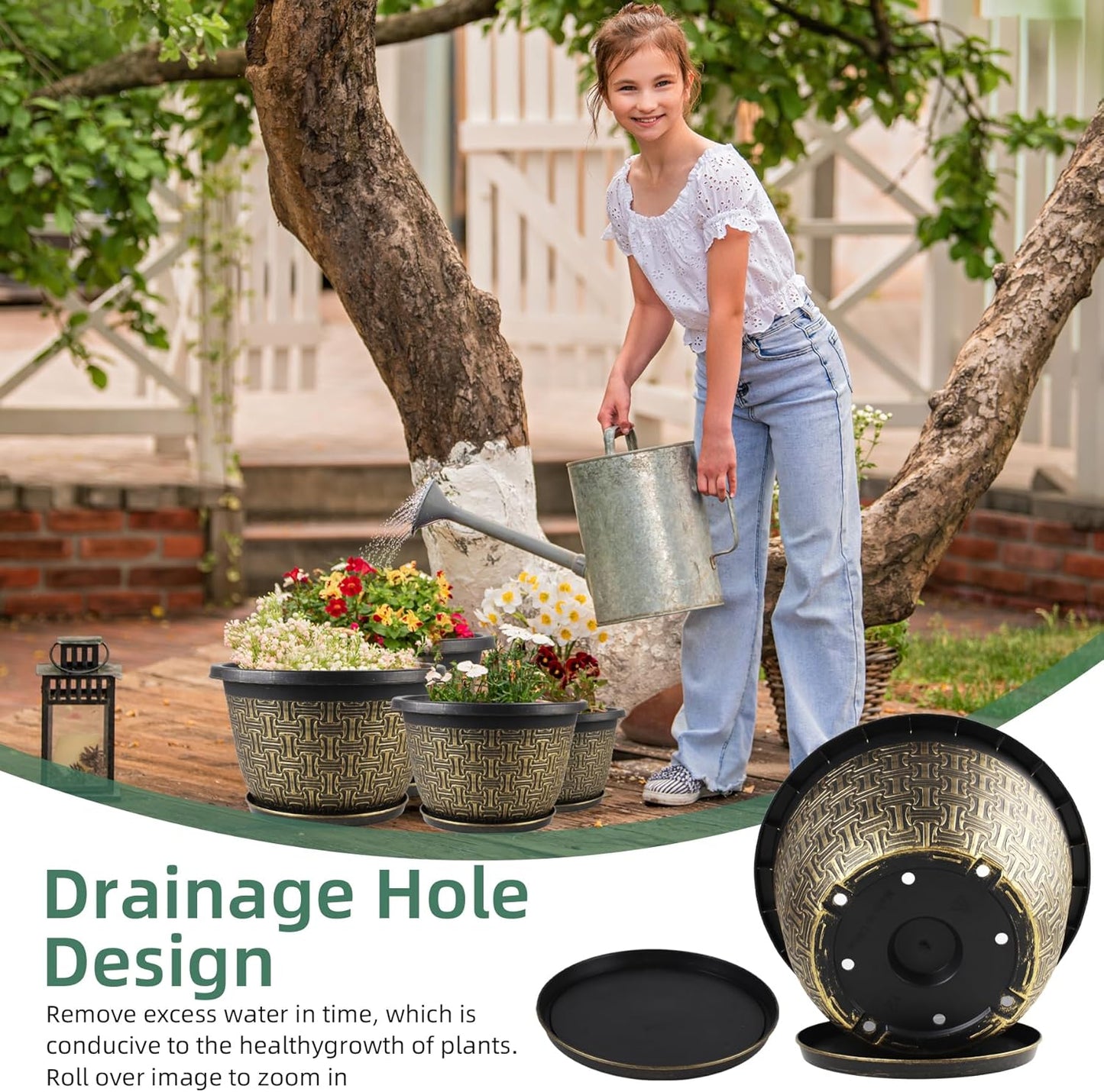 10 Inch Plant Pots, 4 Pack Flower Pots Outdoor with Drainage Holes & Trays, Retro Antique Imitation Decorative Garden Plastic Pots for Plants Indoor Sets for Houseplants