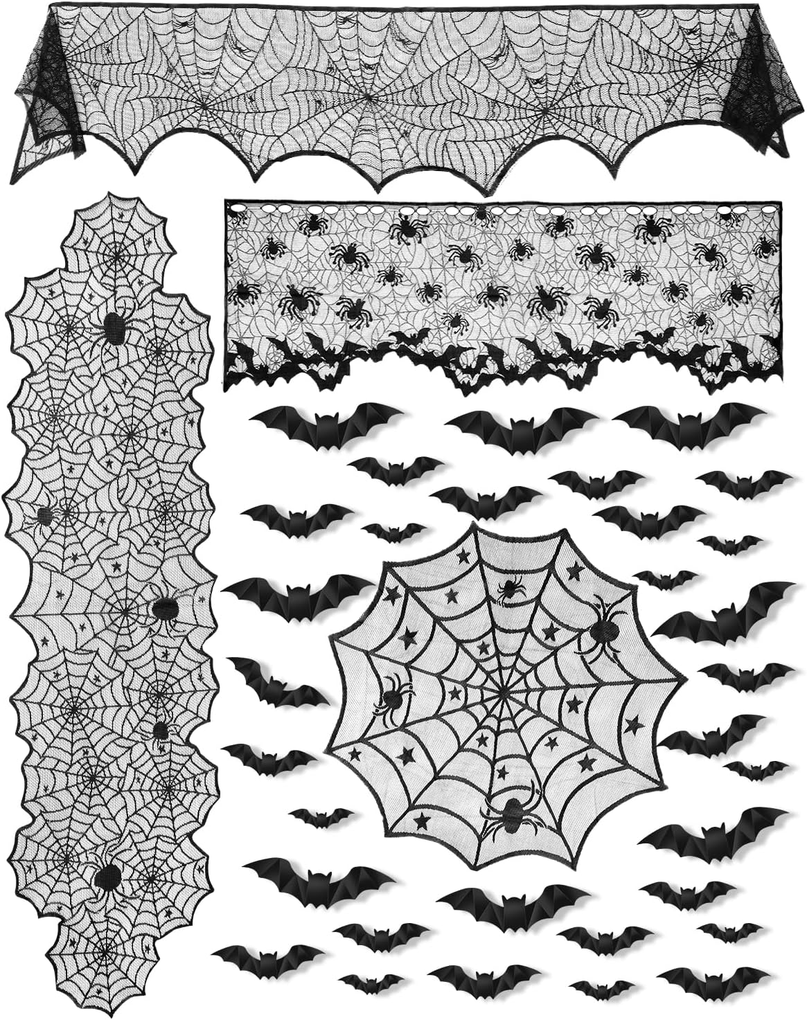 eZAKKA 5 Pack Halloween Decorations Indoor Halloween Spider Web Tablecloth Table Runners Fireplace Mantel Scarf Cobweb Lampshade Scary 3D Bats for Parties Gothic Spooky Home Decoration