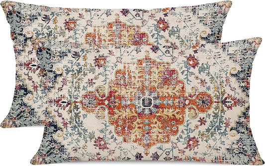 Outdoor Waterproof Pillow Set of 2 - 12X20 Inch Bohemian Vintage Carpet Pattern, Blue & Burnt Orange, Ethnic Design, Decorative Farmhouse Pillow Covers for Couch, Garden, Balcony