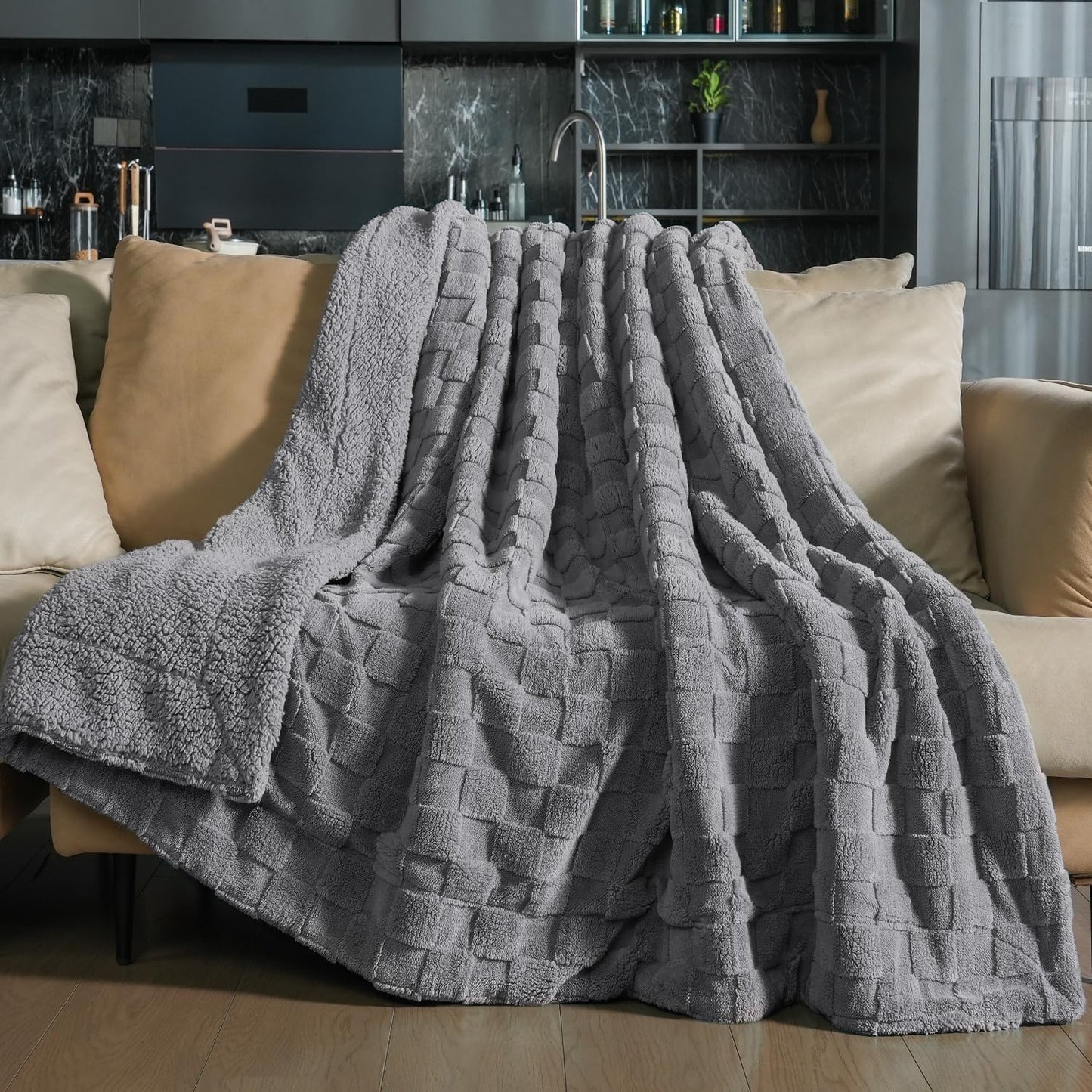 Pawque Super Soft Cozy Throw Blanket Twin Size for Couch Bed, Fluffy Sherpa Fleece Reversible Thick Warm Fuzzy Blanket for All-Season, 3D Checkered Jacquard Decorative Blankets, Grey, 60" x 80"