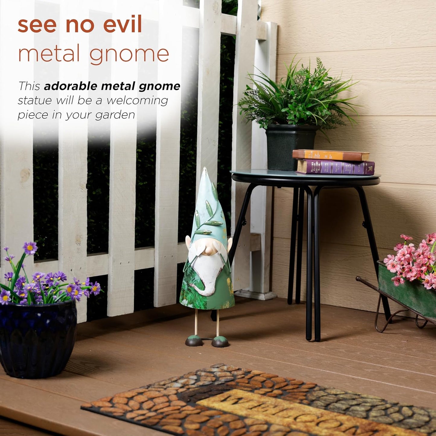 Alpine Corporation MCC798HH See No Evil Metal Gnome Decor, Whimsical Playful Décor for Patio & Garden, 19" H, Green