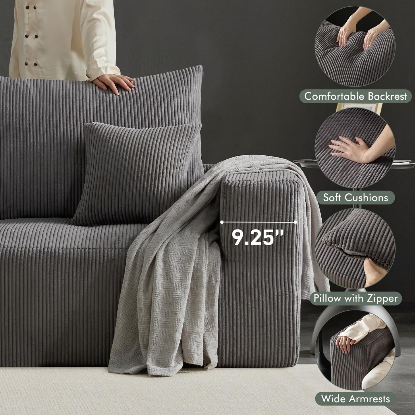 Boneless Sectional Cloud Couch Sofa Bed for Living Room, 112" Modular Modern Lounge 3 Seater Sleeper Grey Couches with Chaise, No Assemble, Cordury Compression Upholstered Sofas