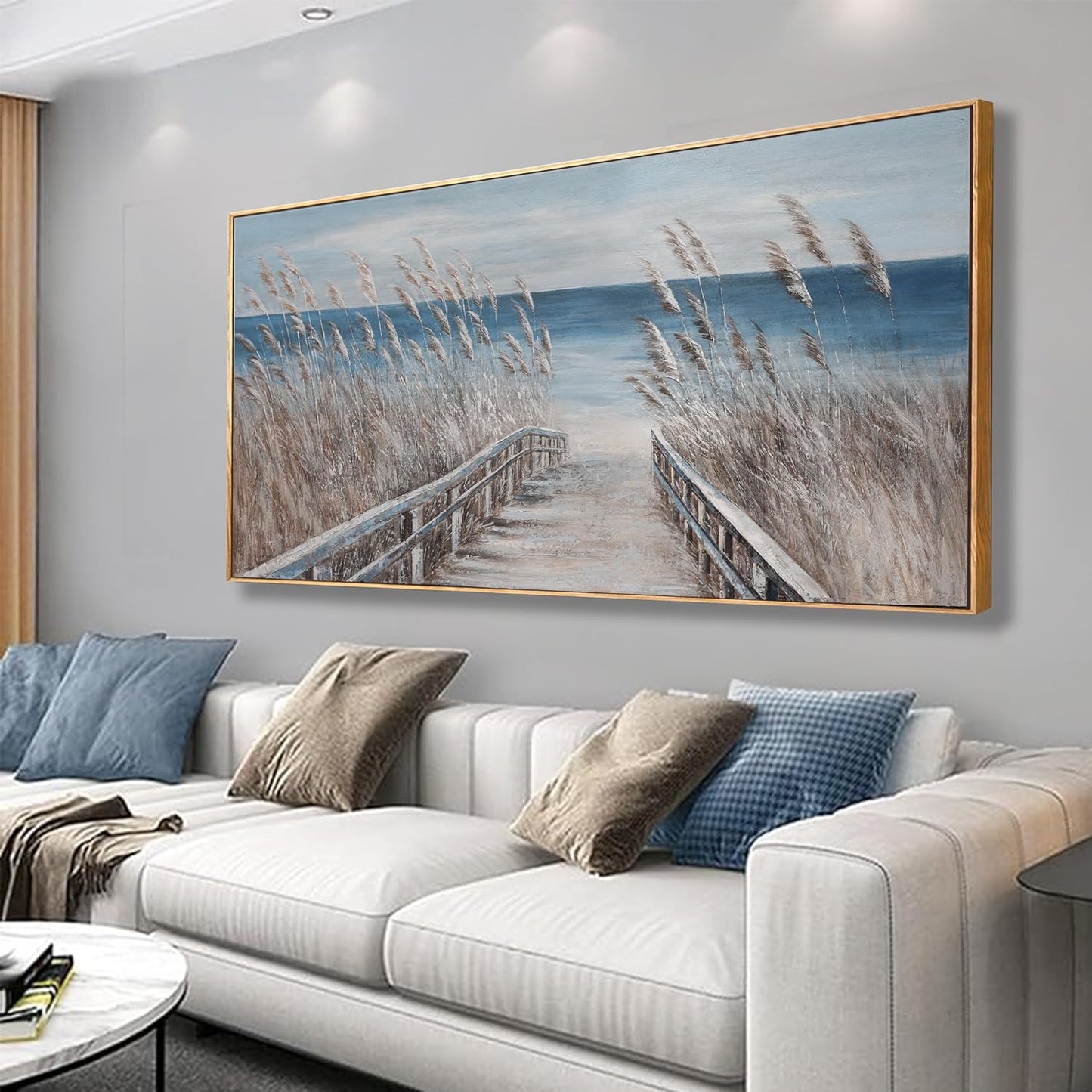Framed Wall Art Scene Decor Canvas Print Painting Picture Artwork Framed Reed And Blue Coast Landscape Large Size For Living Room Bedroom Living Room And Office Wall Decor 29"X58"
