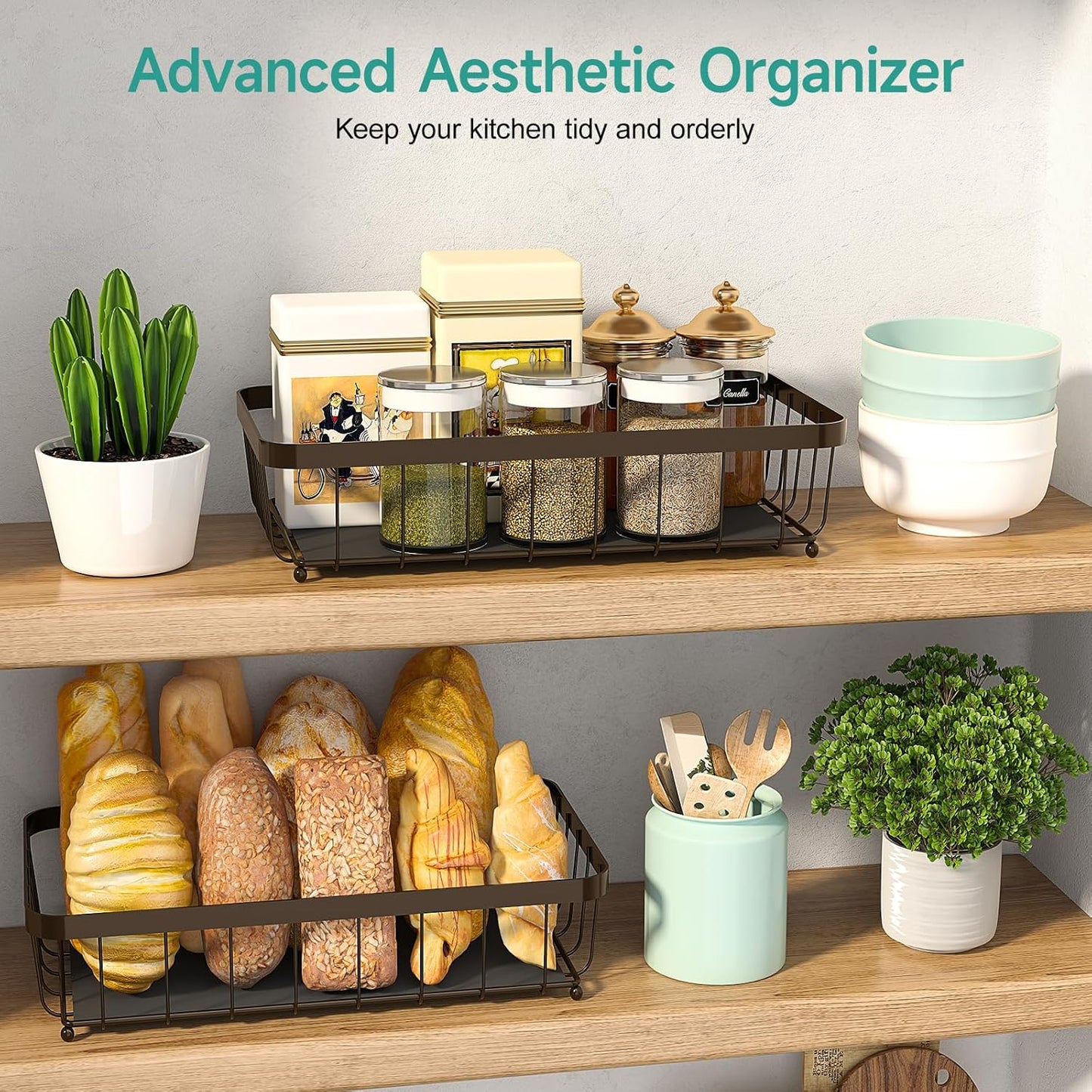 2 Tier Fruit Basket for Kitchen Counter with 2 Banana Hangers, 2025 Pro Detachable Metal Fruit Bowl with Wooden Handle,Fruit Holder for Bread Snack Veggies, Brown