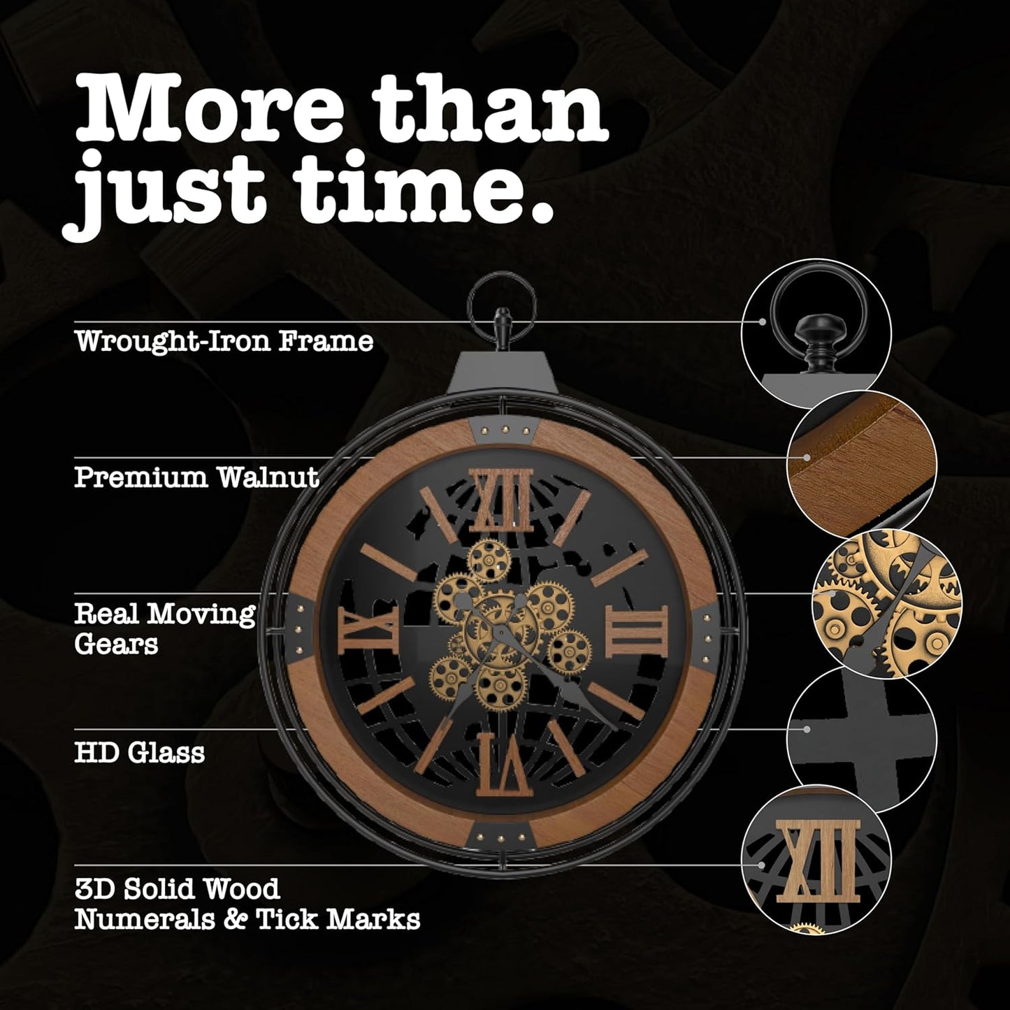 Driini 18 Inch Large Rustic Farmhouse Gear Clock with Moving Gears – Vintage Oversized Wall Clock with Iron Frame – Giant Industrial Steampunk Wall Clock for Living Room Décor (Walnut)