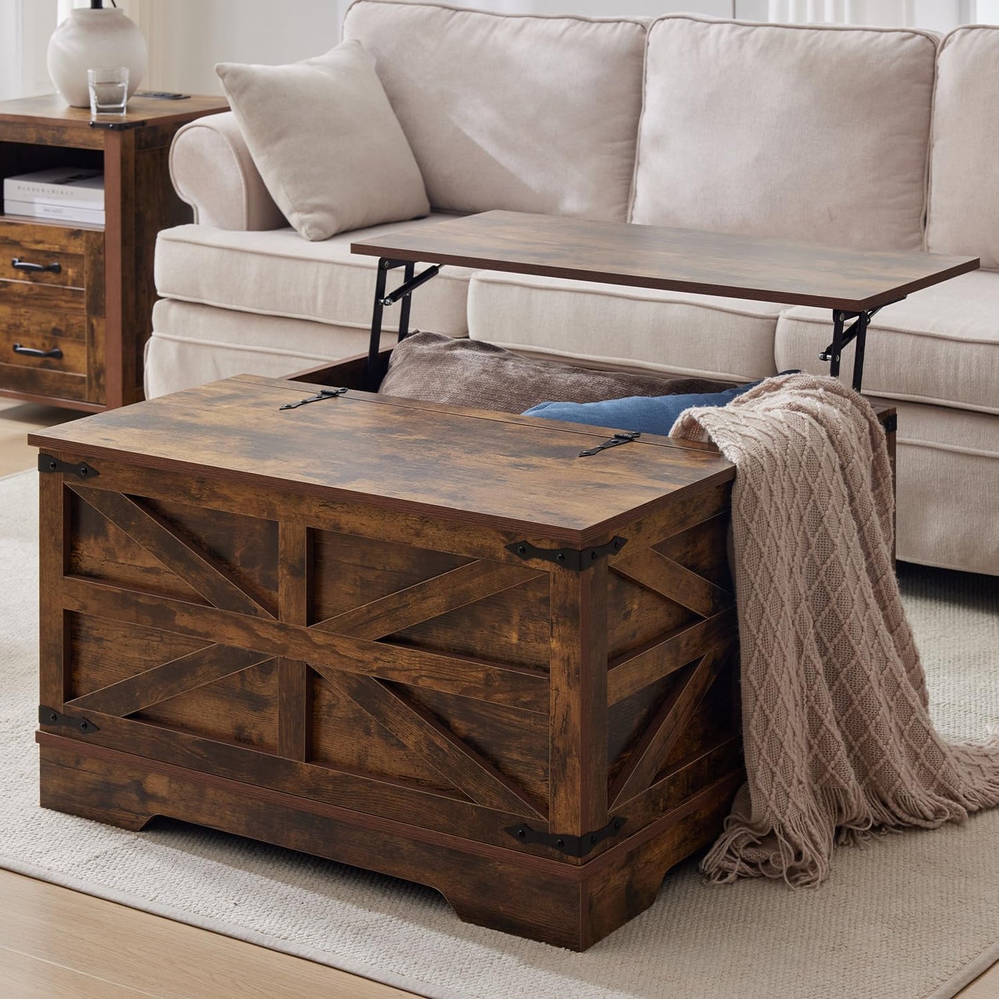 Coffee Table with Storage, Rustic Brown Square Coffee Tables for Living Room, Lift top Coffee Table with Large Hidden Compartment, Smart Cocktail Tables with Flip Top Lids for Home Office