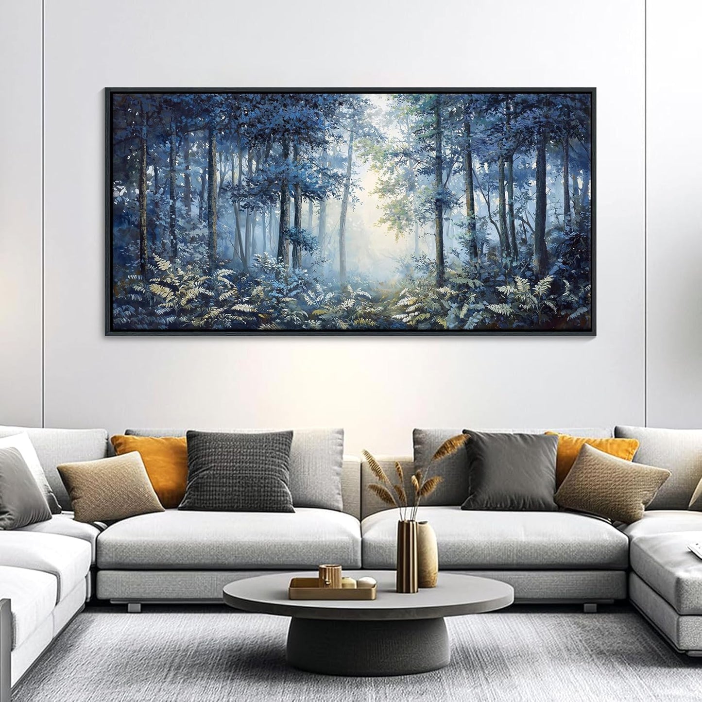 Forest Canvas Wall Art for Living Room - Navy Blue Bedroom Wall Art, Landscape Pictures Wall Decor, Forest Painting, Framed Nature Tree Artwork Walls 20×40IN