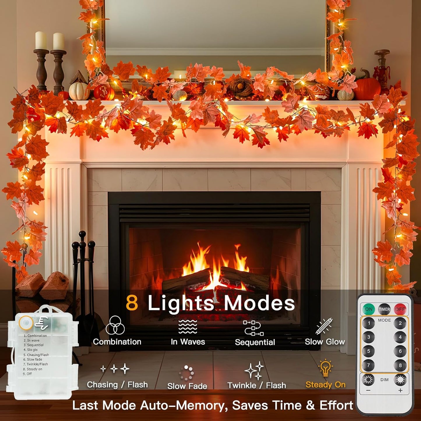 suddus Fall Garland with Lights Battery Operated, 20 LED Lighted Orange Fall Leaf Garland, Fairy String Lights with Remote for Thanksgiving, Table, Mantle, Office, Porch, Halloween, Home Decoration