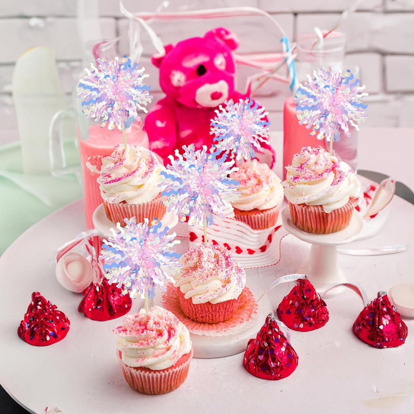 Ephlyn 30Pcs Foil Firework Cupcake Toppers Firework Cake Toppers Tinsel Flower Drink Stirrers Cocktail Food Fruit Toothpicks for Valentine's Day Party Decorations Pink