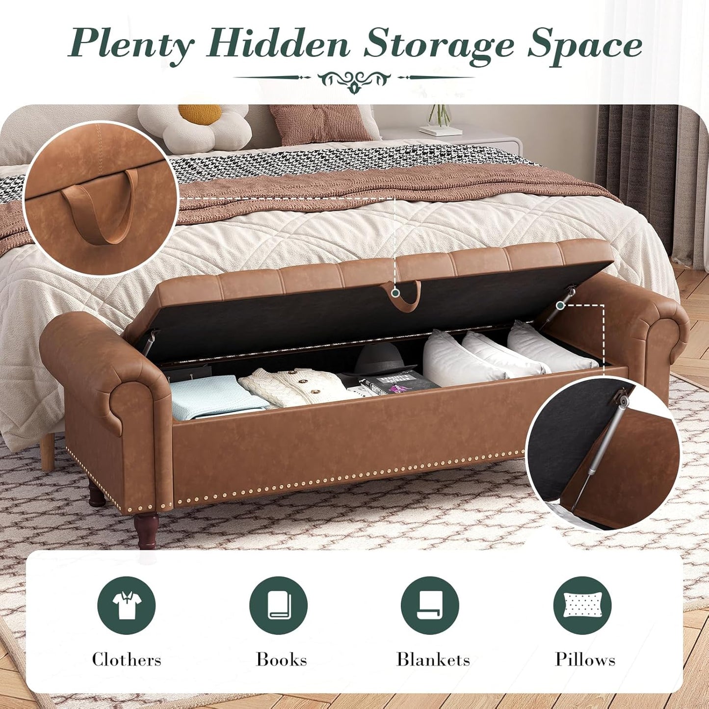 Apicizon 60”Ottoman with Storage, Queen Size End of Bed Storage Bench with Tufted Button, Upholstered Sitting Bench for Front Door Entrance,Bedroom,Dining Room, Entryway，Vintage Brown