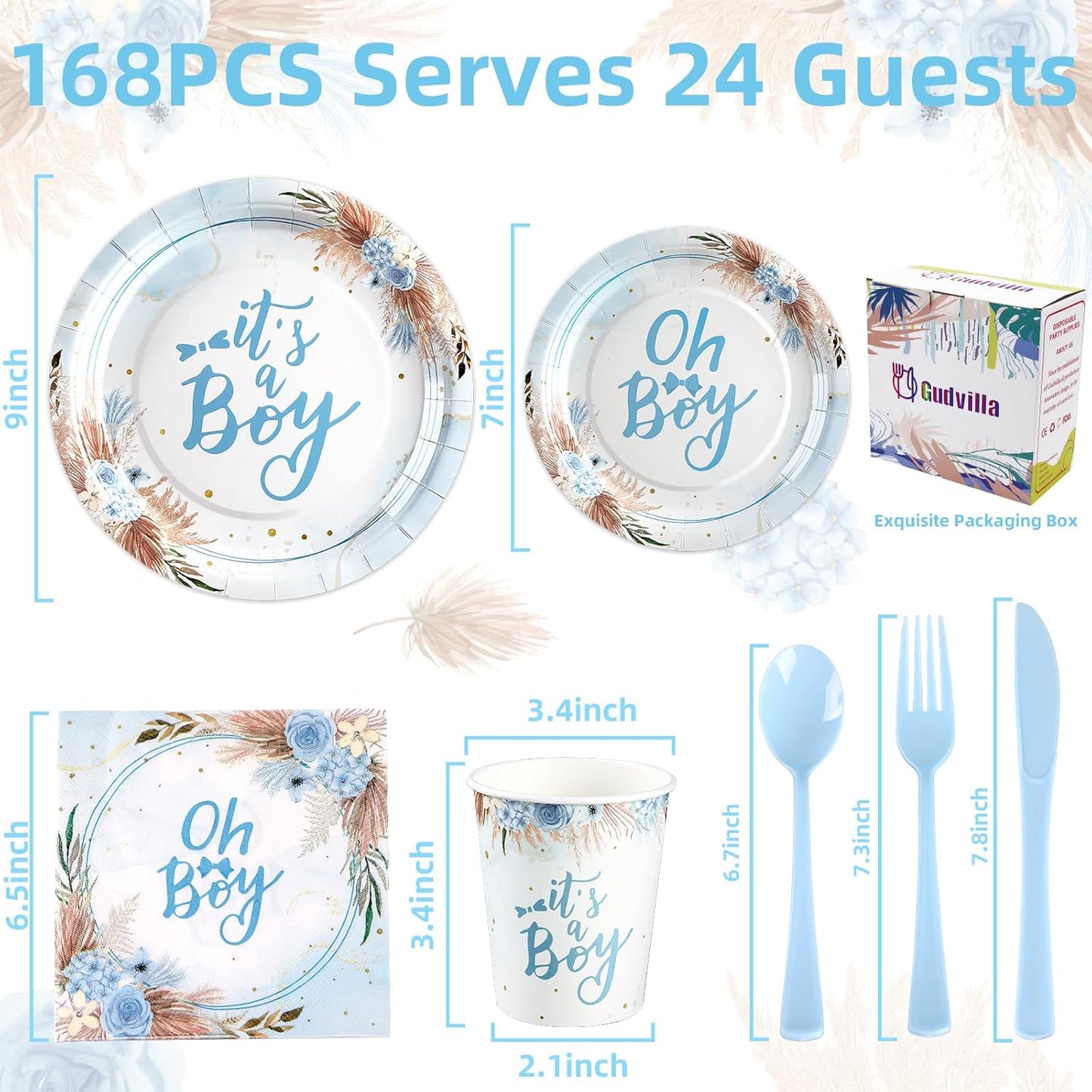 168 Pcs Baby Boy Shower Decorations, Its A Boy Baby Shower Decorations, Blue Baby Shower Plates and Cups and Napkins Sets Serves 24, Boho Fall Oh Baby